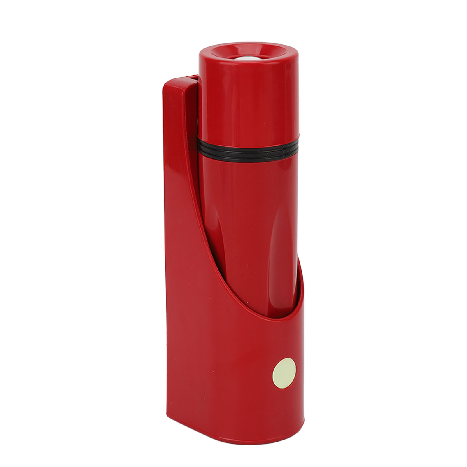 Eine rote Taschenlampe in einem roten Halter. Die Taschenlampe ist zylindrisch, mit einem schwarzen Band. Ein grüner Knopf ist am Halter.