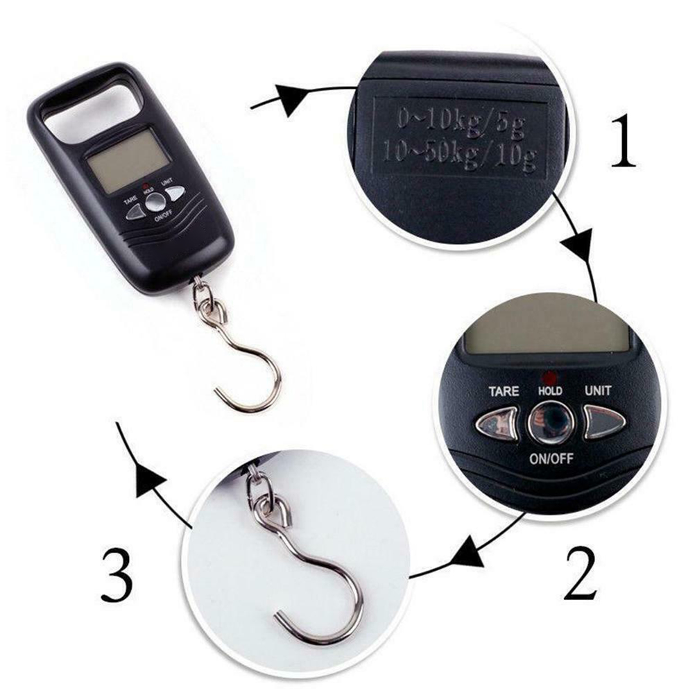 Eine schwarze digitale Hängewaage mit Haken. Details umfassen Display, Tasten und ein Diagramm mit Teilen und Funktionen.