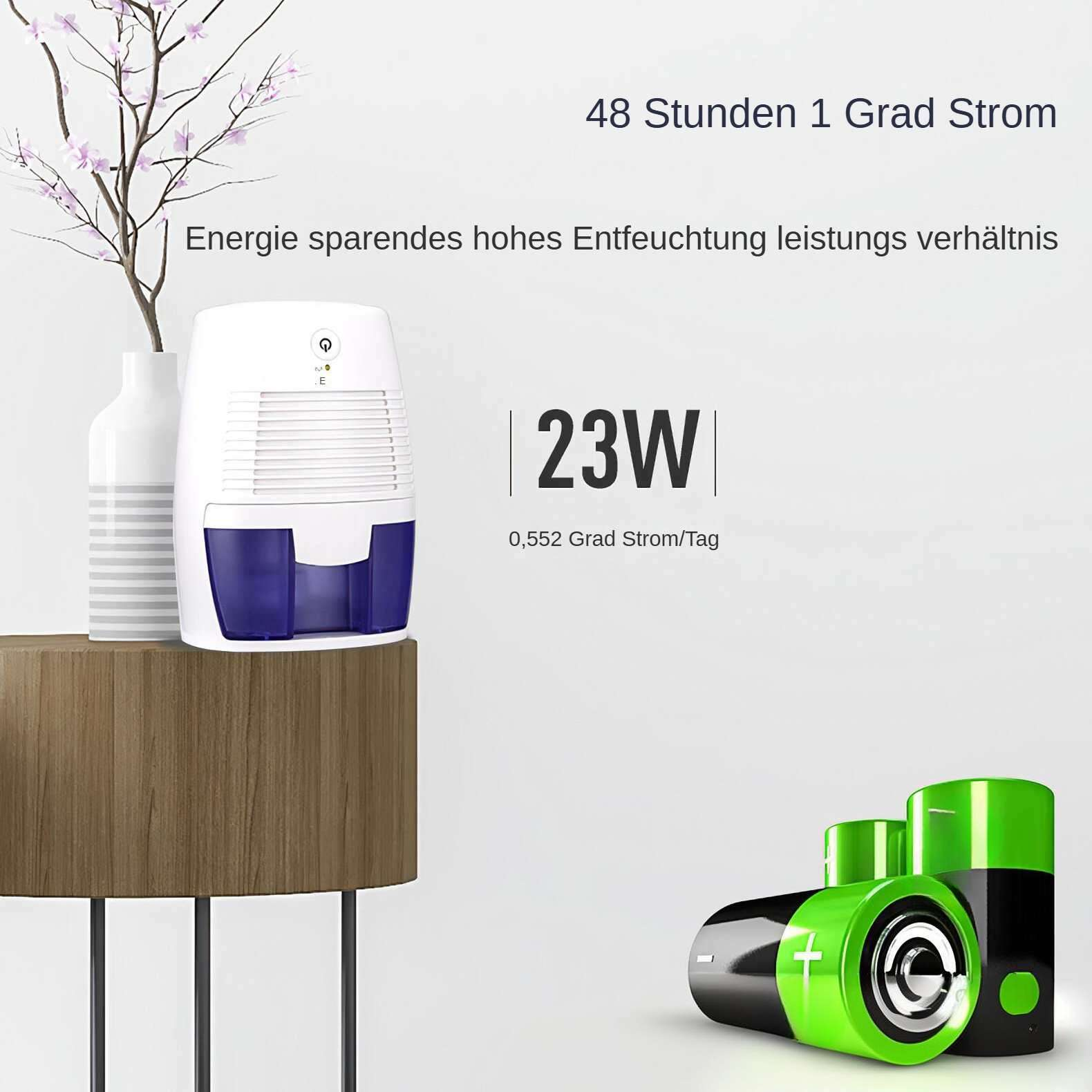 Ein Luftentfeuchter auf einem Holztisch, mit Text und Batterien im Hintergrund. Eine Vase mit Blumen links.
