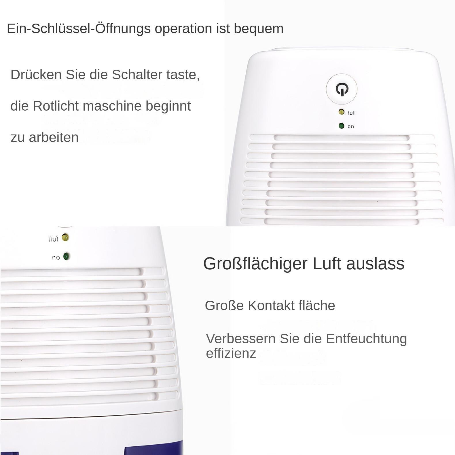 Weißer Luftentfeuchter mit Ein/Aus-Taste und Kontrollleuchten. Der Text beschreibt Funktionen.
