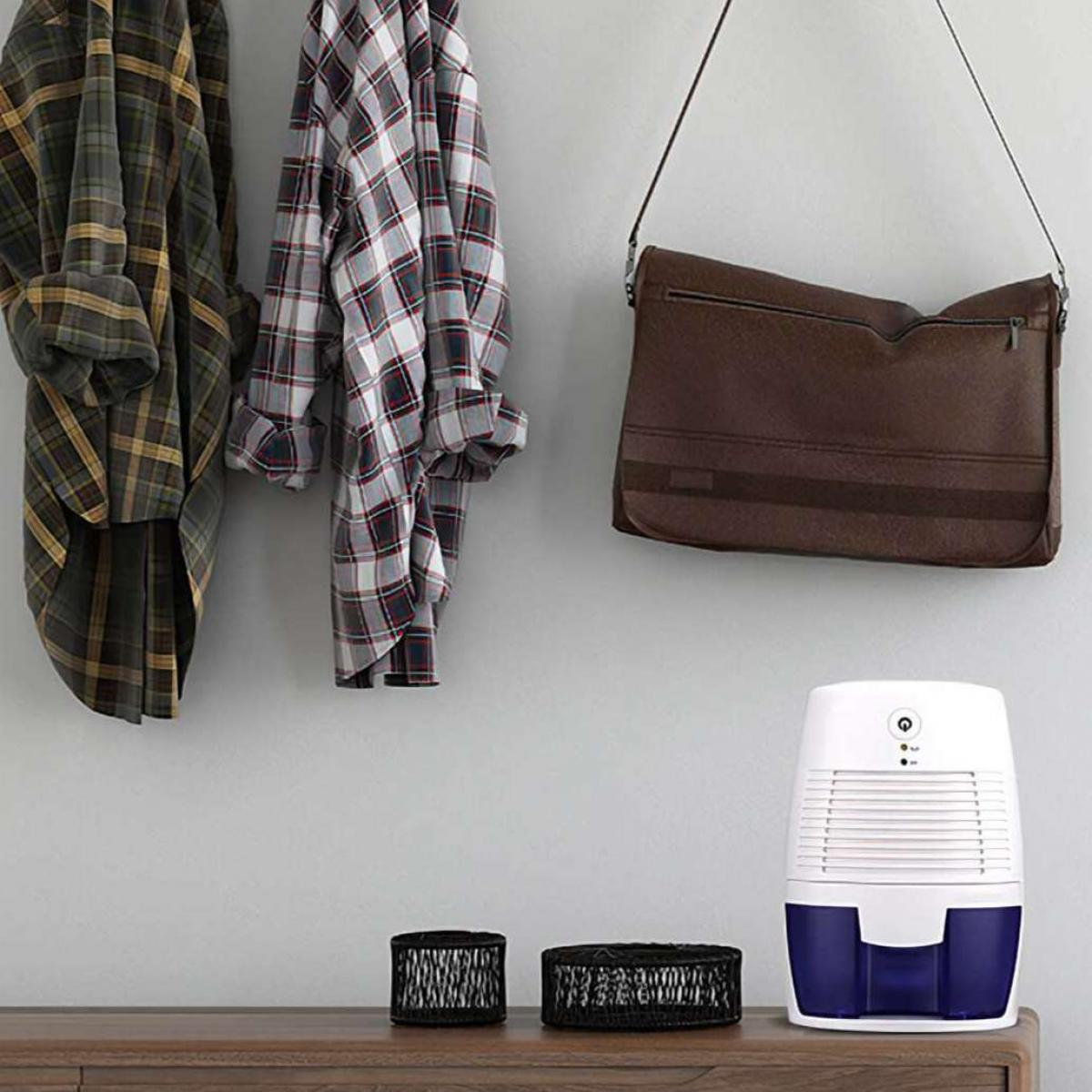 Ein Raum mit einer Wand, zwei Hemden, einer Handtasche, einem Luftentfeuchter und zwei schwarzen Körben auf einem Holzregal.
