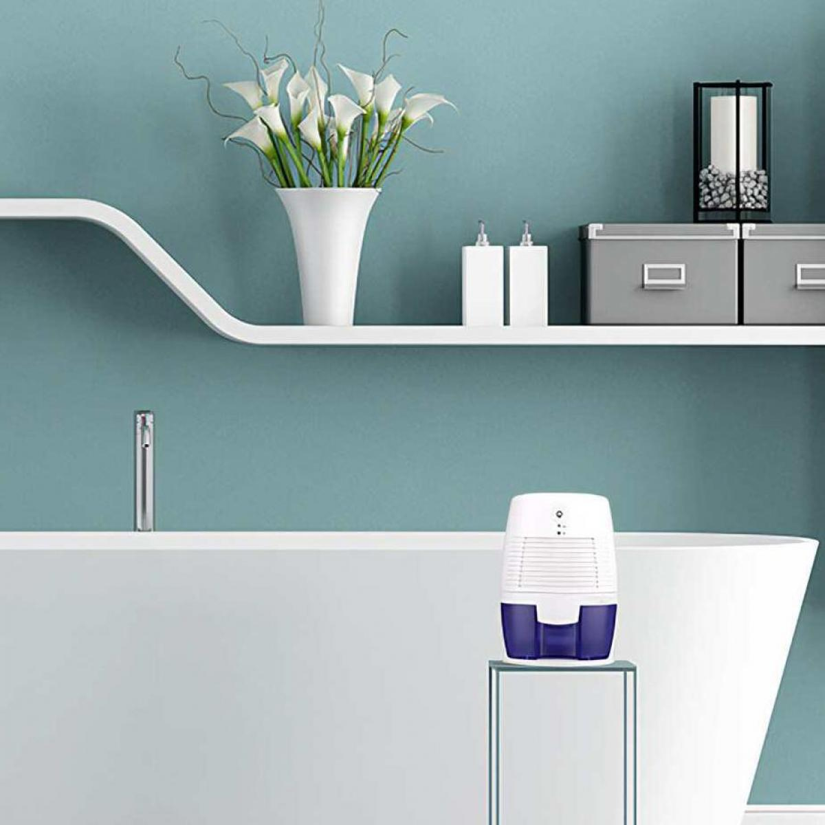 Badezimmer mit weißer Vase mit Blumen auf einem Regal. Ein Luftentfeuchter steht auf einem Glasständer.