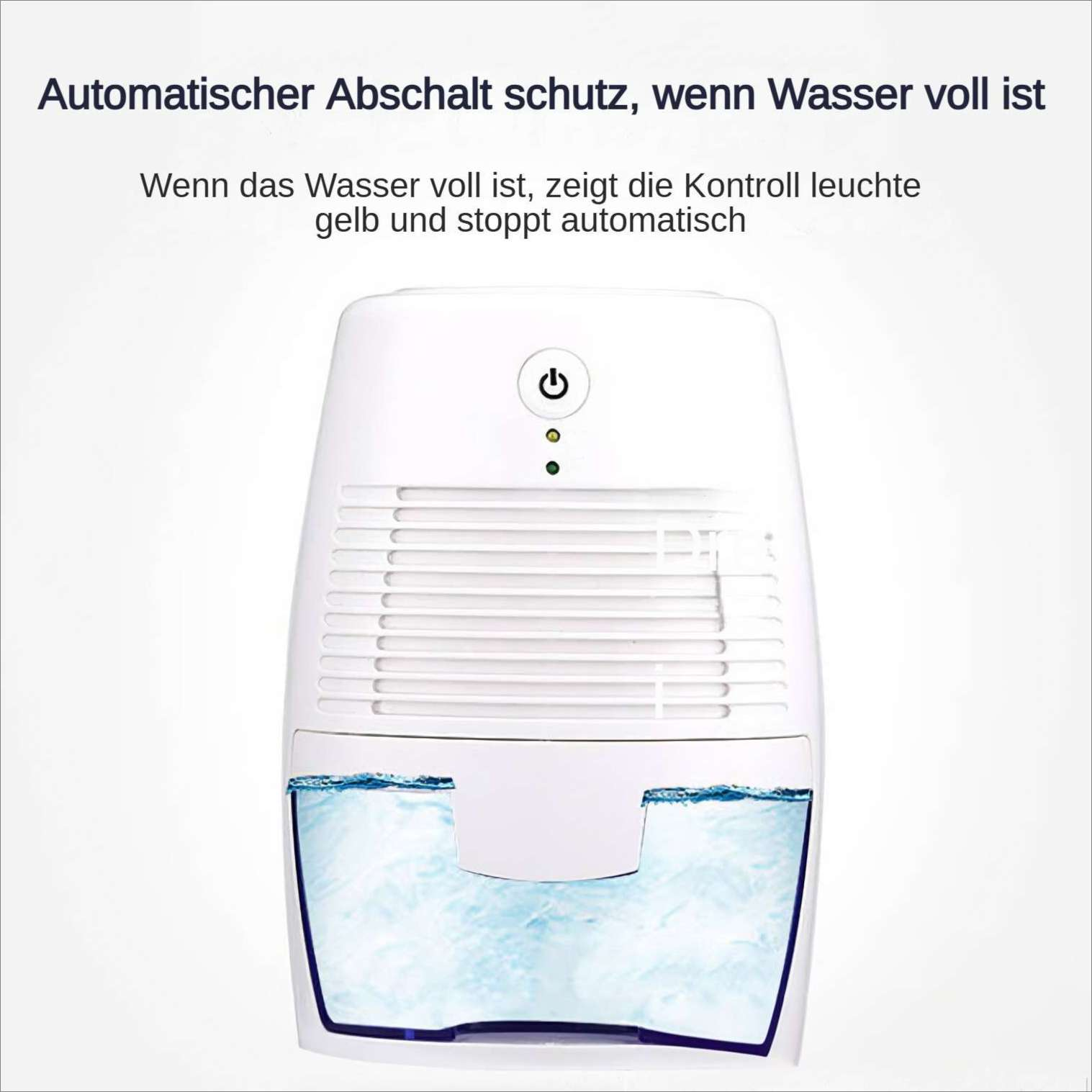 Ein weißer Luftentfeuchter mit Wassertank. Er hat einen Ein-/Ausschalter und Kontrollleuchten. Der Text oben lautet: 'Automatische Abschaltung'.