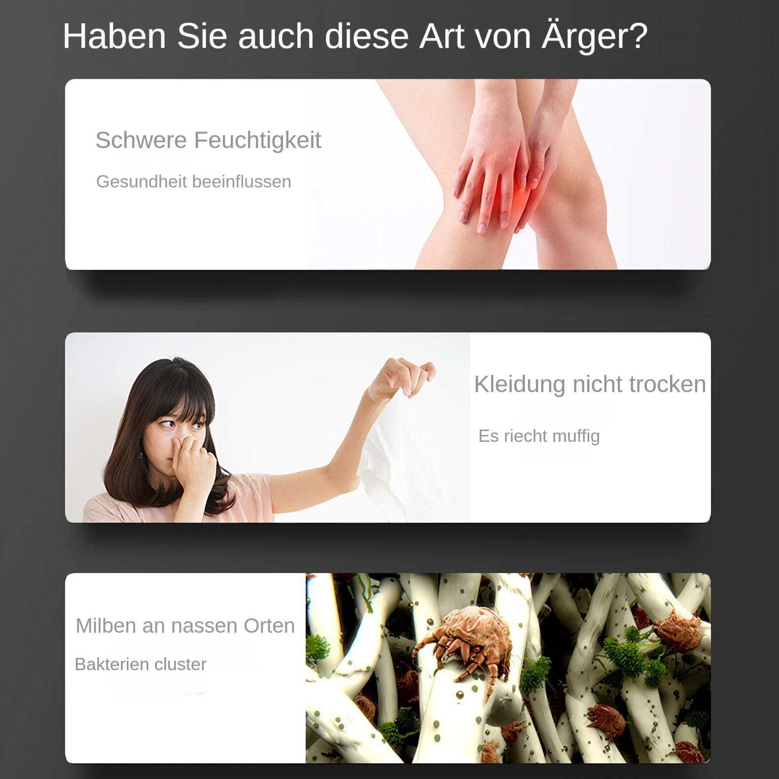 Das Bild zeigt drei Tafeln mit Text. Oben: Hand auf einem Bein, roter Fleck. Mitte: Frau hält Taschentuch. Unten: Insekt auf weißen Stäben.