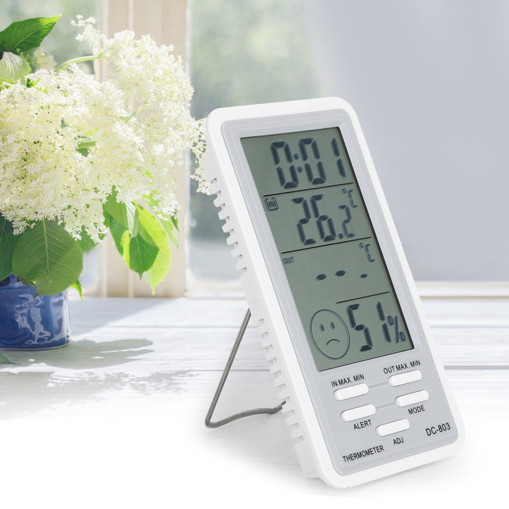 Ein weißes Thermometer zeigt Temperatur und Luftfeuchtigkeit an. Blumen in einem blauen Topf sind links. Fenster im Hintergrund.