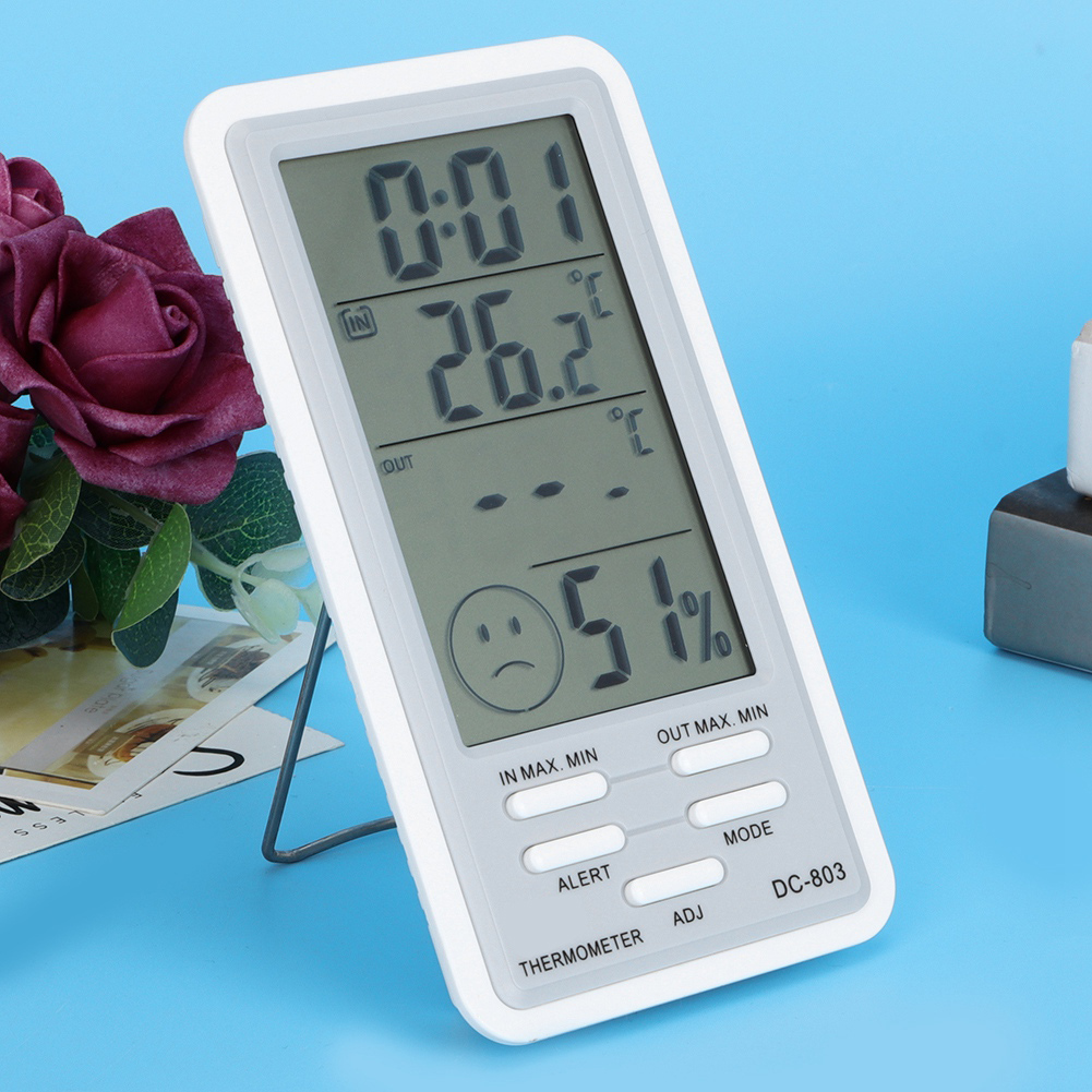 Ein digitales Thermometer zeigt Zeit, Temperatur und Luftfeuchtigkeit an. Es hat Knöpfe und ein trauriges Smiley-Symbol. Rote Blumen im Hintergrund.