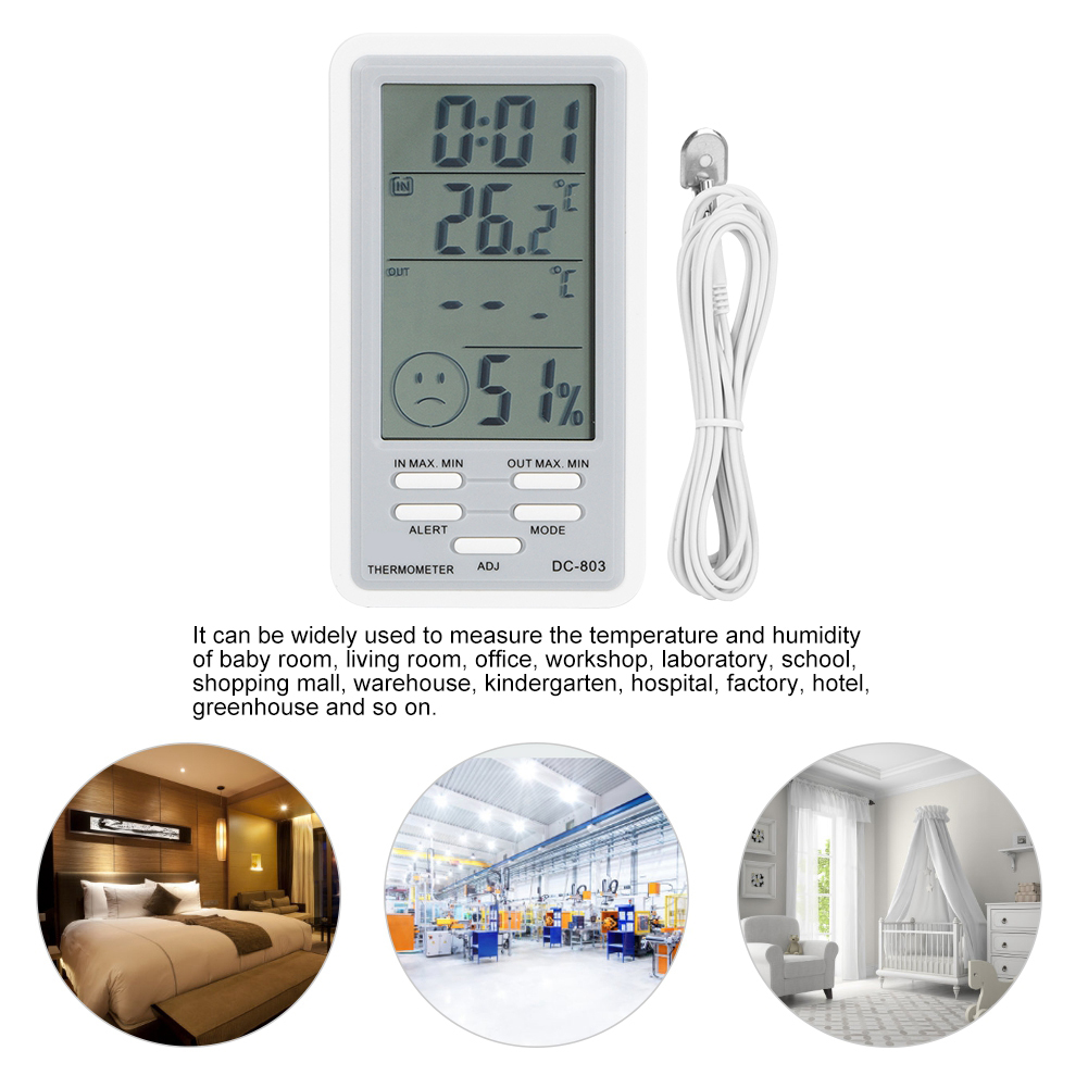 Ein digitales Thermometer zeigt Zeit, Temperatur und Luftfeuchtigkeit an. Weißes Kabel und drei kreisförmige Bilder im Hintergrund.