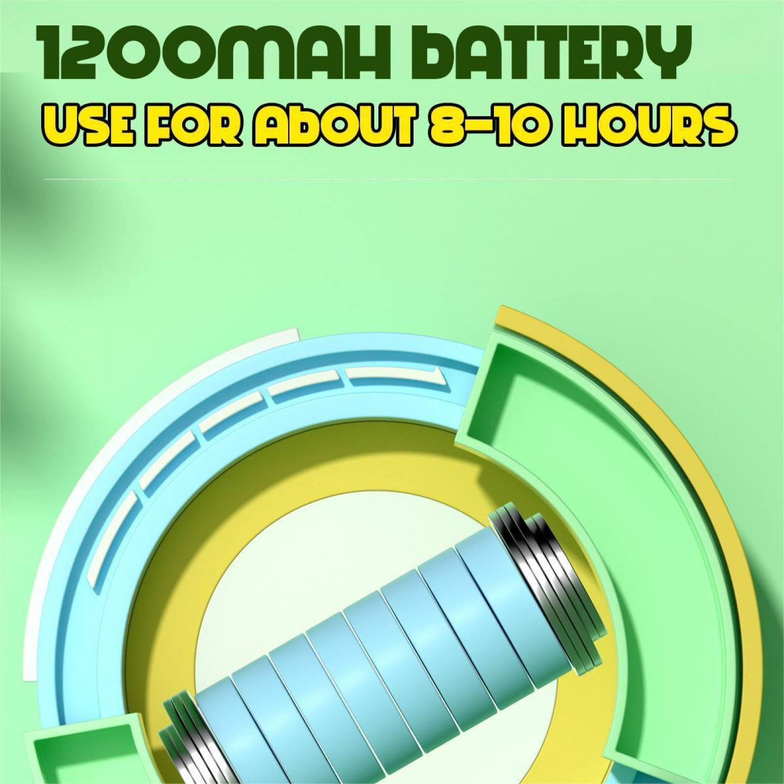Das Bild zeigt einen Akku mit Textüberlagerung: 1200mAh AKKU. Verwendung für etwa 8-10 Stunden. Der Akku ist hellblau mit silbernen Ringen.