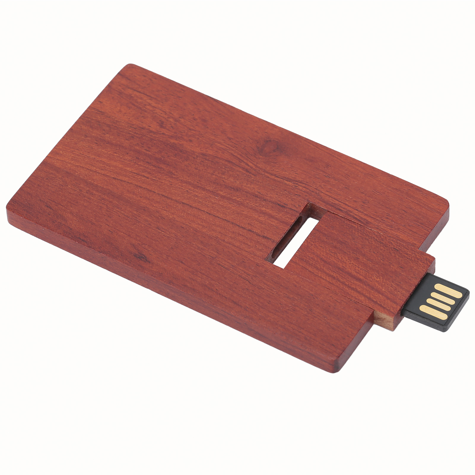 Ein rechteckiger USB-Stick aus Holz mit Schlitz und einem schwarzen Stecker mit Goldkontakten.