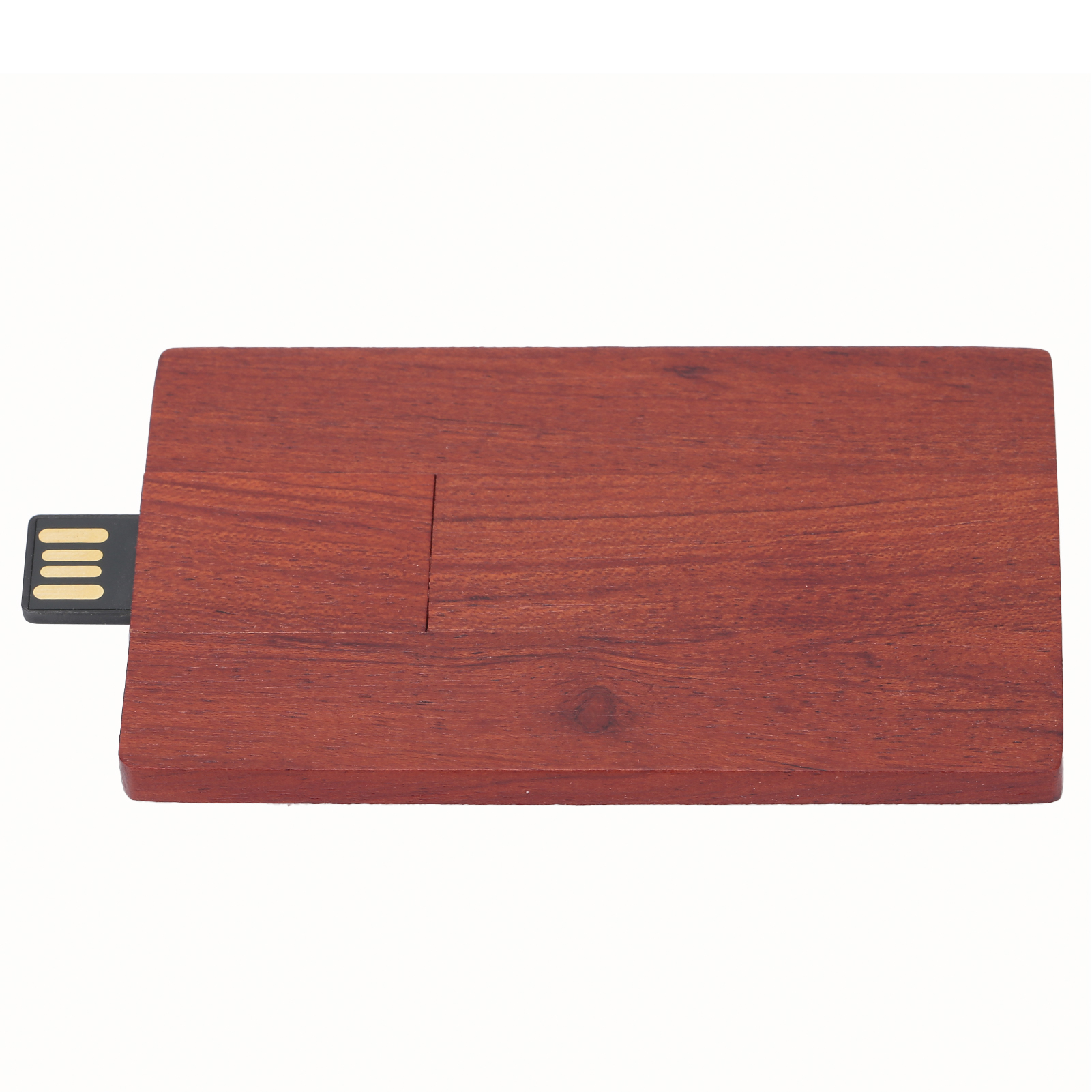 Ein USB-Stick aus Holz mit einem dunklen USB-Anschluss wird angezeigt. Das Holz ist rotbraun, der Hintergrund ist weiß.