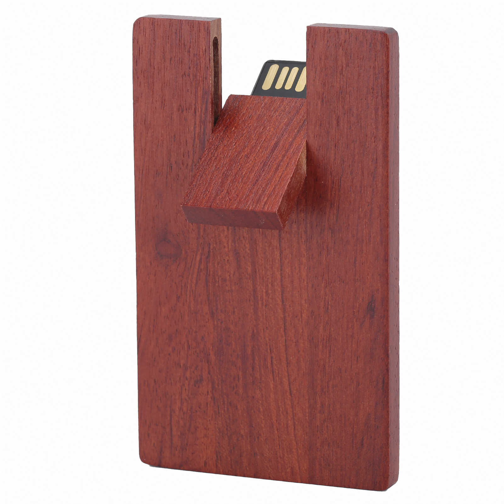 Ein USB-Stick aus Holz mit rotbraunem Finish. Er hat einen kleinen schwarzen USB-Anschluss. Das Holzgehäuse hat einen Schlitz und ein abgewinkeltes Stück.