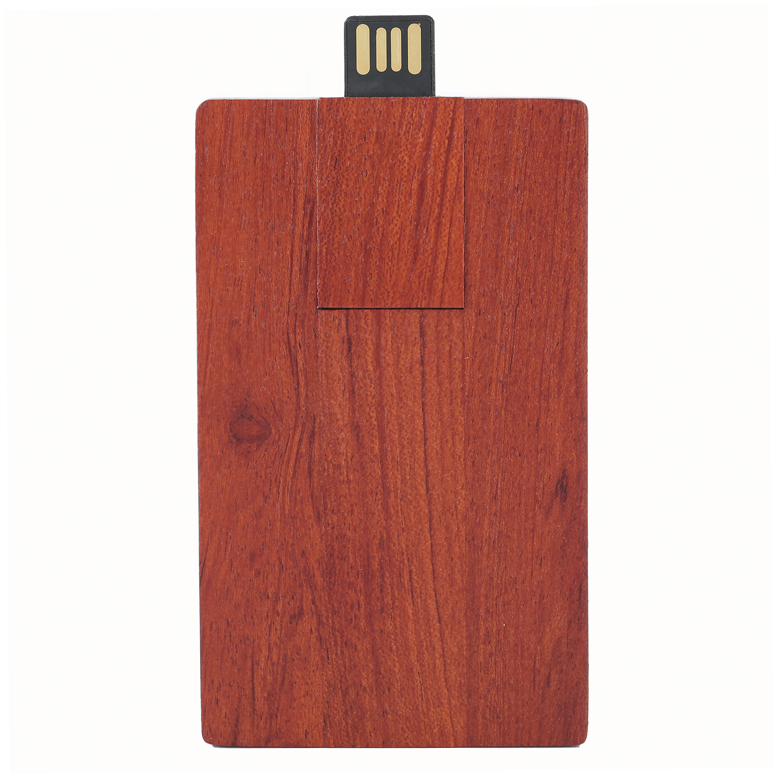 USB-Stick aus Holz mit rotbraunem Finish und einem schwarzen und goldenen USB-Anschluss oben.