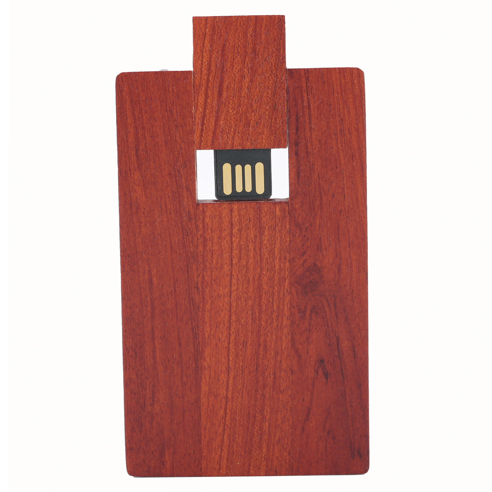 USB-Stick aus Holz mit rechteckiger Form und sichtbarem USB-Anschluss. Rotbraune Holzmaserung auf weißem Hintergrund.