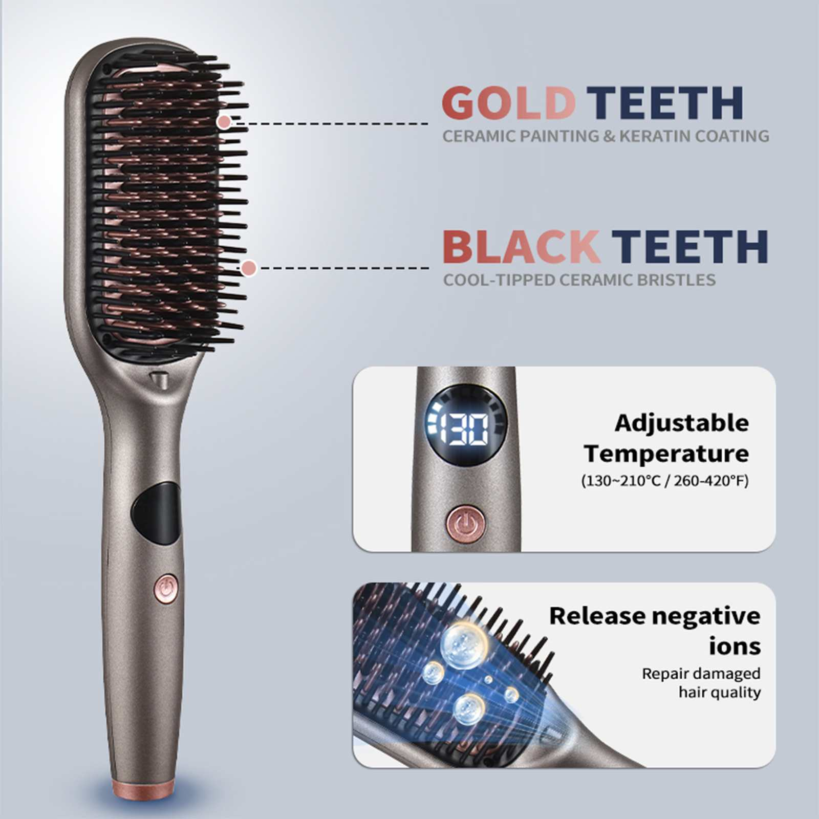 Eine Haarbürste mit goldenen und schwarzen Zähnen. Sie verfügt über einstellbare Temperatureinstellungen und setzt negative Ionen frei.