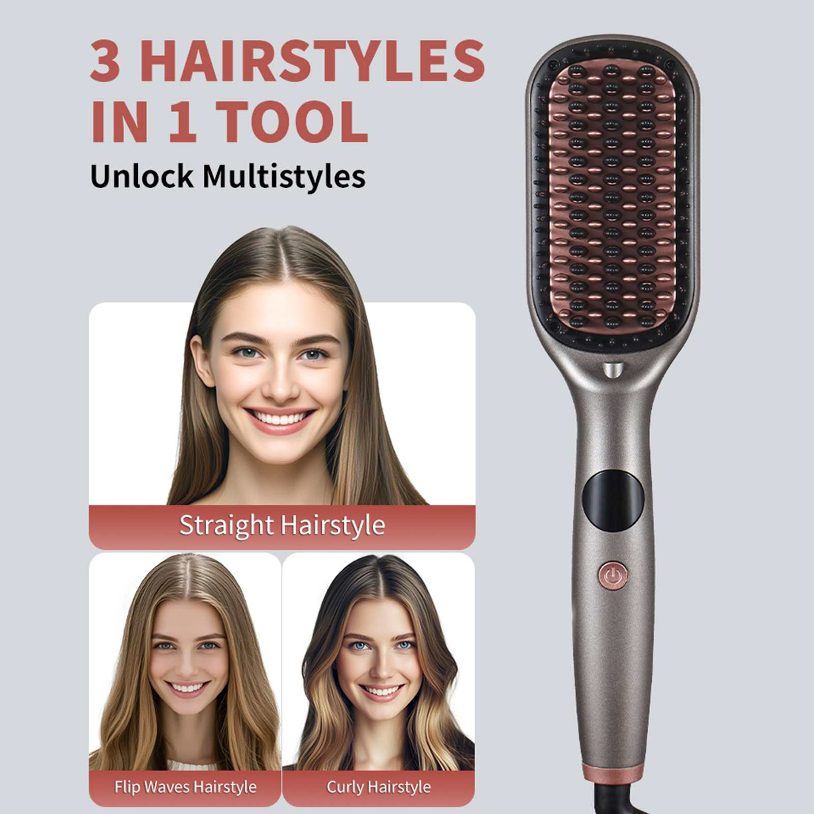 Das Bild zeigt ein Haarstyling-Tool und drei Frauen mit verschiedenen Frisuren: glatt, Flip-Wellen und lockig.