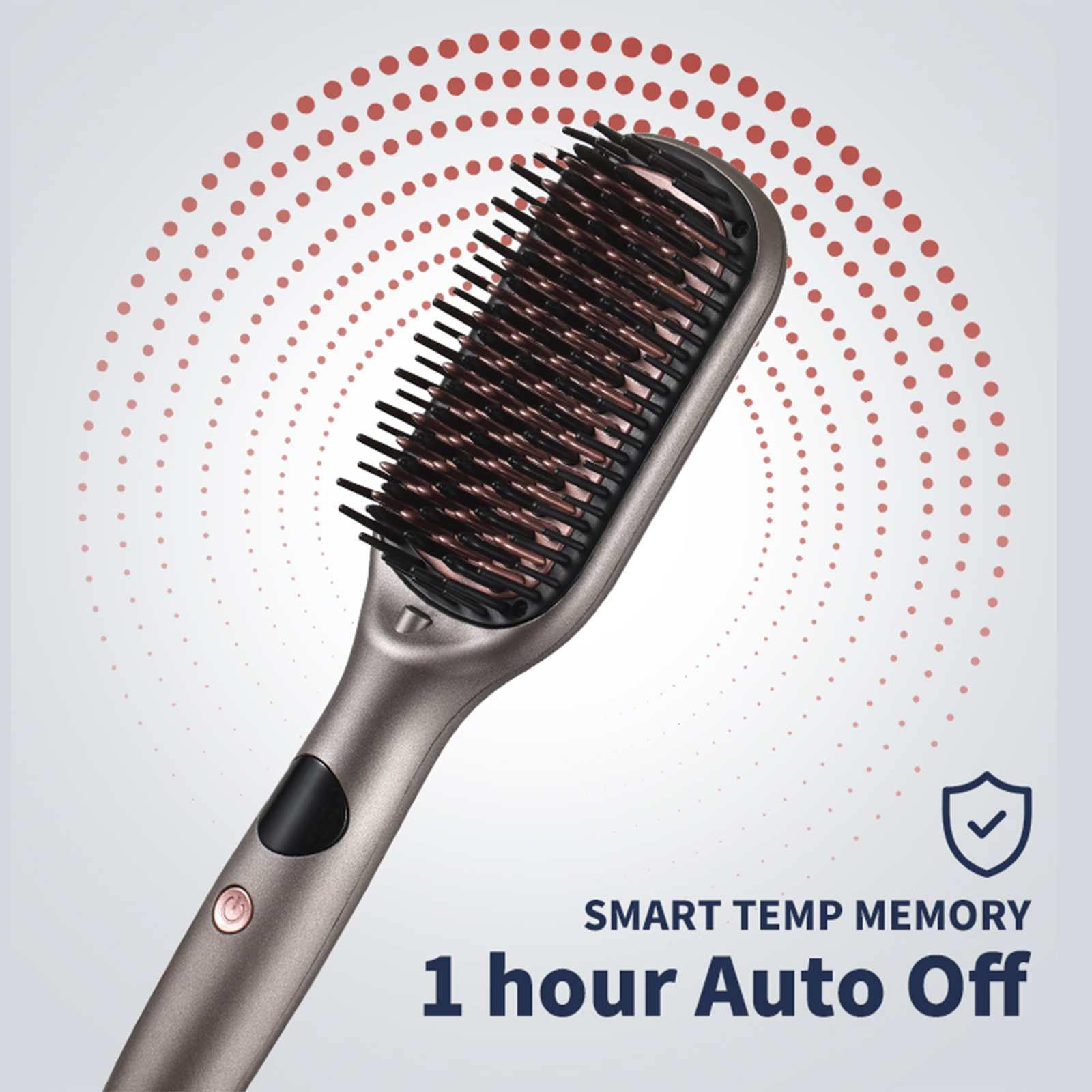Eine Haarglättungsbürste, grau und schwarz, mit schwarzen Borsten. Rote Punkte im Hintergrund. Text: Smart Temp Memory, 1 Stunde Auto Off.