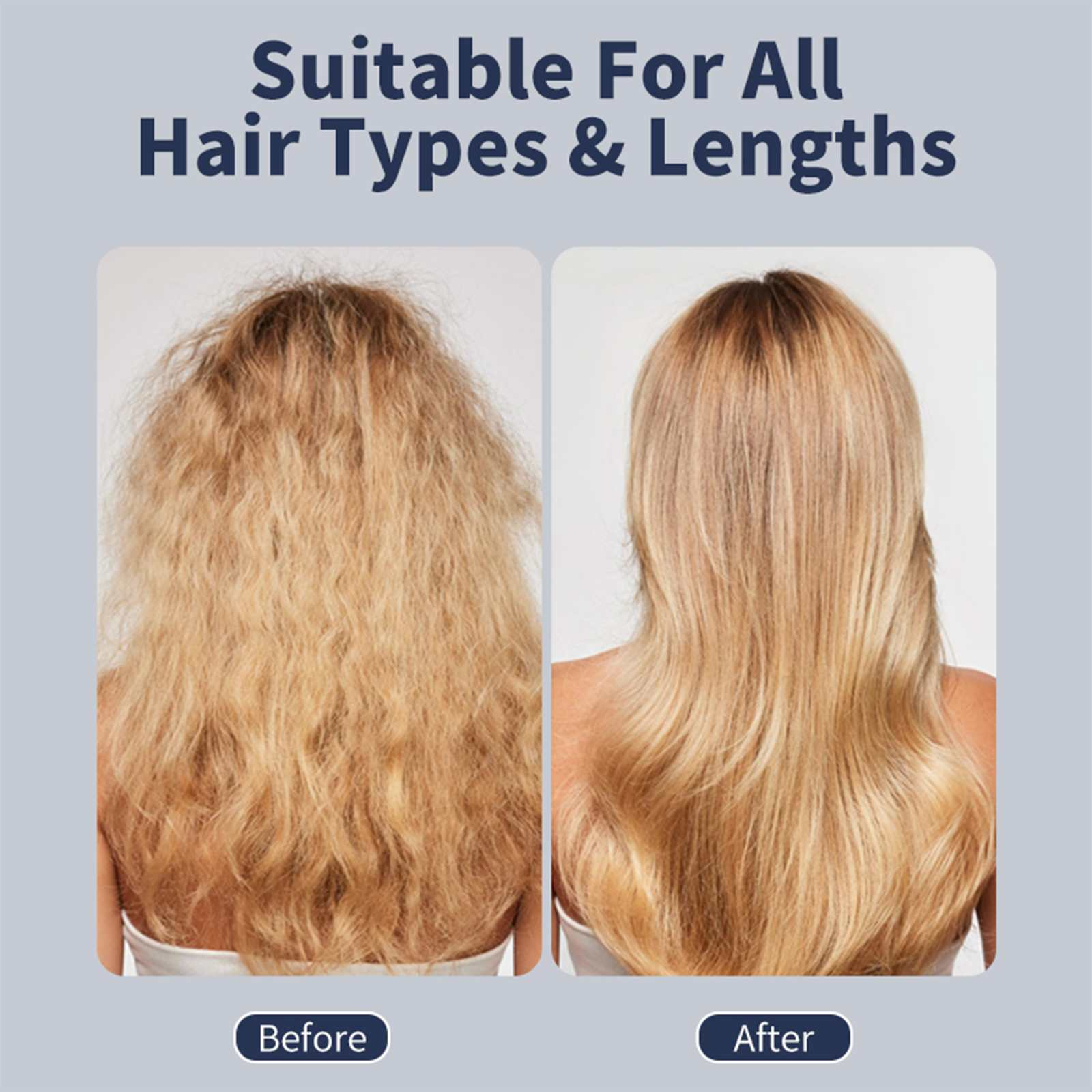 Bild zeigt Vorher-Nachher-Haarbehandlung. Links: krauses Haar. Rechts: glattes, glänzendes Haar. Text: Für alle Haartypen & Längen geeignet.