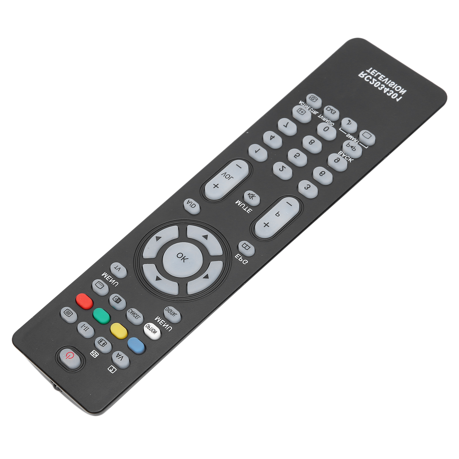 Eine schwarze TV-Fernbedienung mit vielen unterschiedlich farbigen Tasten und einem zentralen runden Regler.