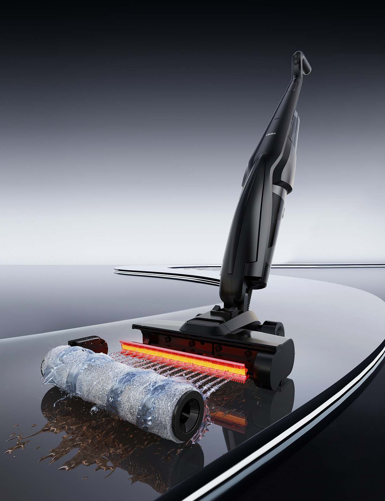 Czarny odkurzacz czyści mokrą powierzchnię. Woda pryska podczas obracania się rolki. Tło to gradient.