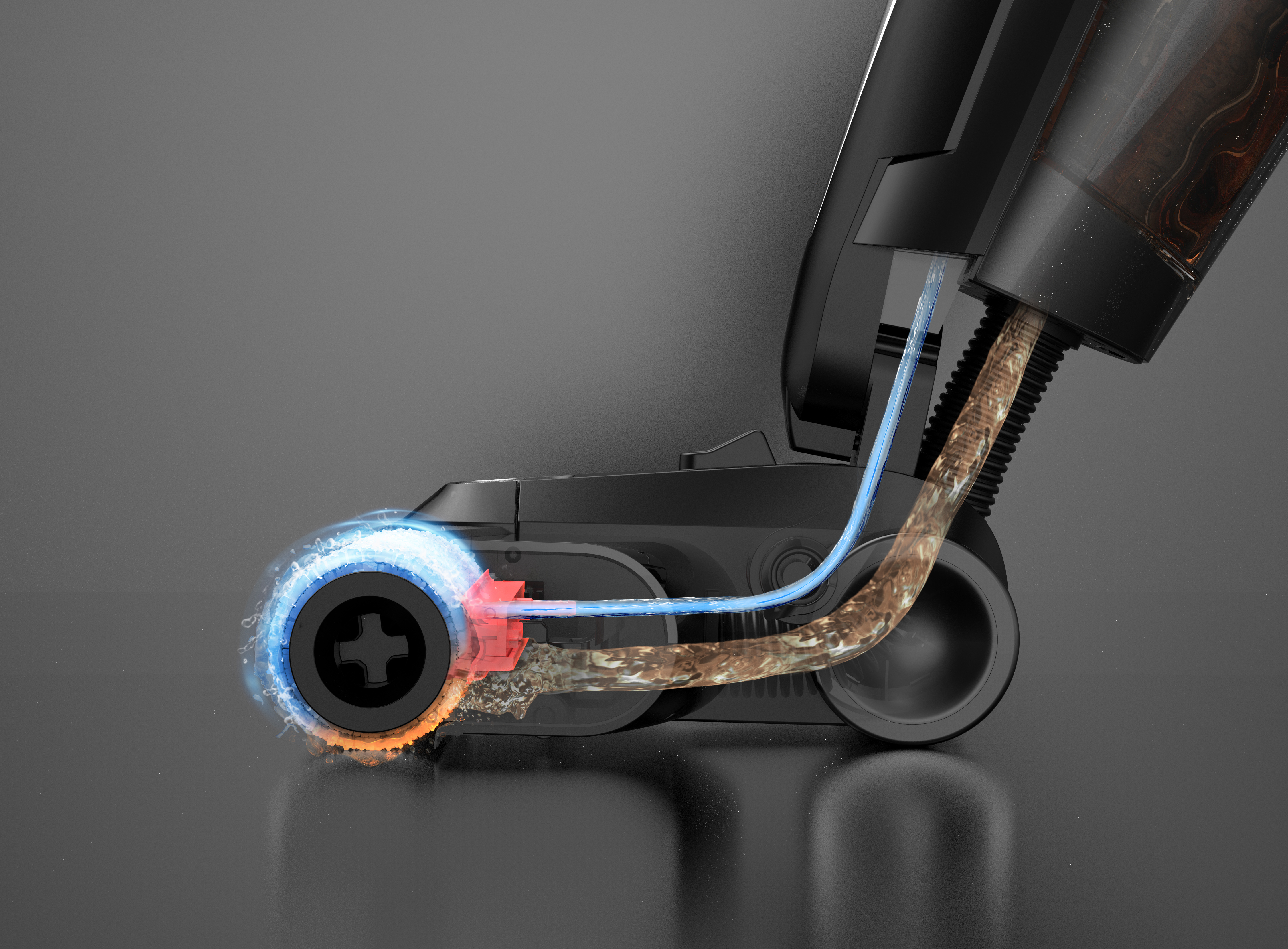 Części odkurzacza w przekroju. Pokazuje mechanizm czyszczący, przepływ wody i zbieranie odpadów. Czarny plastik i przezroczyste części.