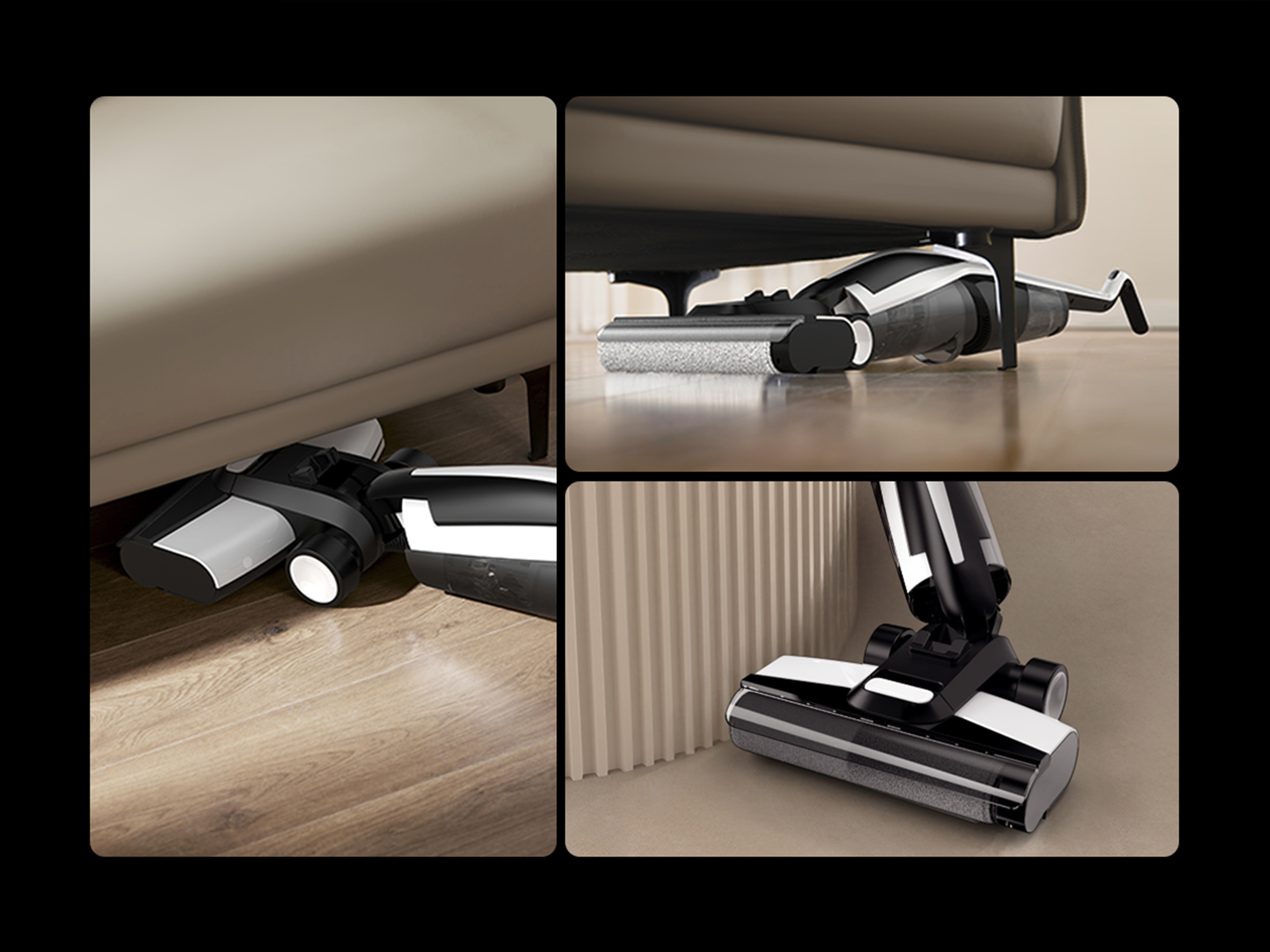 Czarno-biały odkurzacz jest pokazany podczas sprzątania pod sofą. Scena jest w wielu ujęciach.