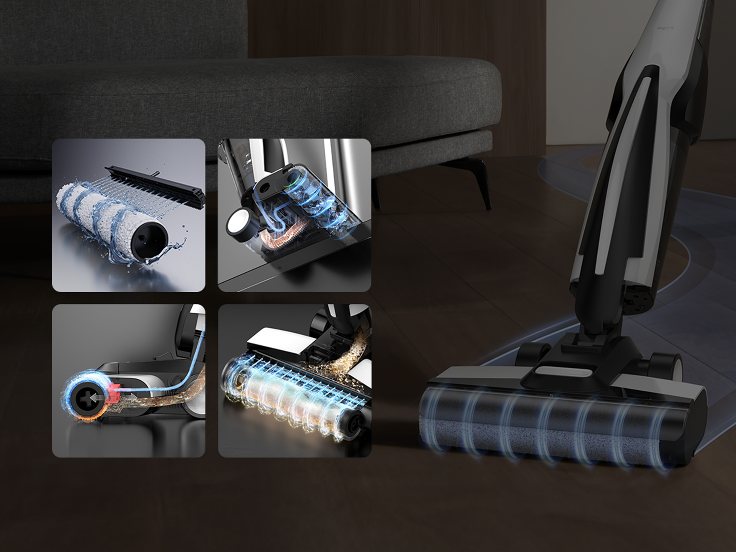 Odkurzacz ze szczegółowymi widokami wewnętrznymi. Pokazujący szczotkę, wodę i mechanizm czyszczący.