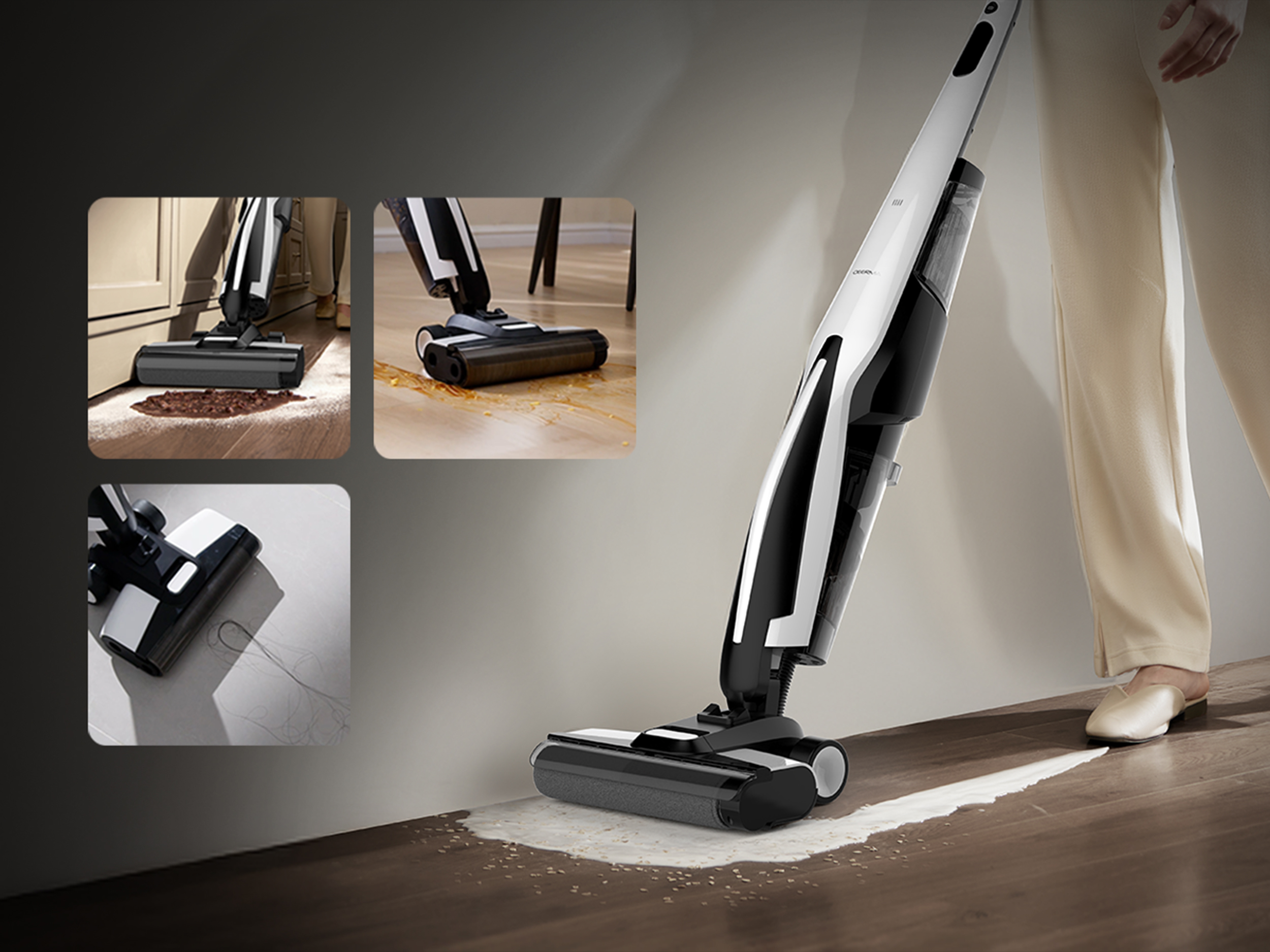 Biało-czarny odkurzacz czyści drewnianą podłogę. Są trzy obrazy wstawione i nogi osoby.