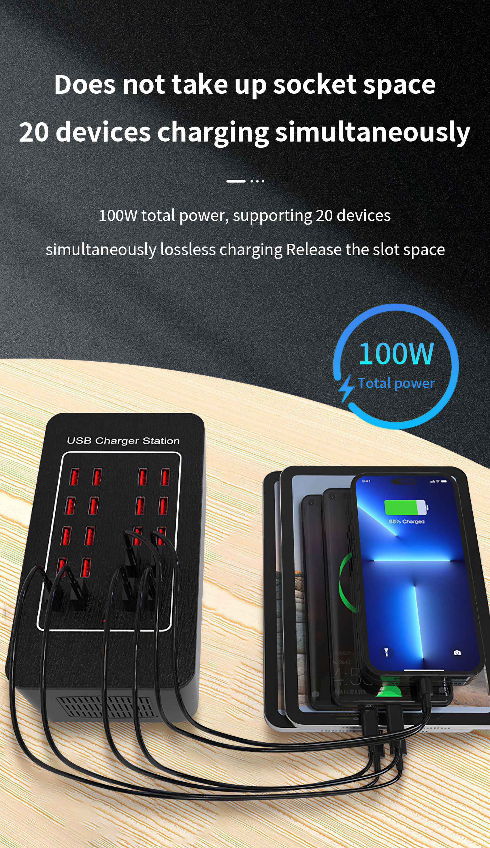 Eine schwarze USB-Ladestation mit mehreren Anschlüssen, die Telefone und Tablets auflädt. Text zeigt 100W Gesamtleistung und 20 Geräte.