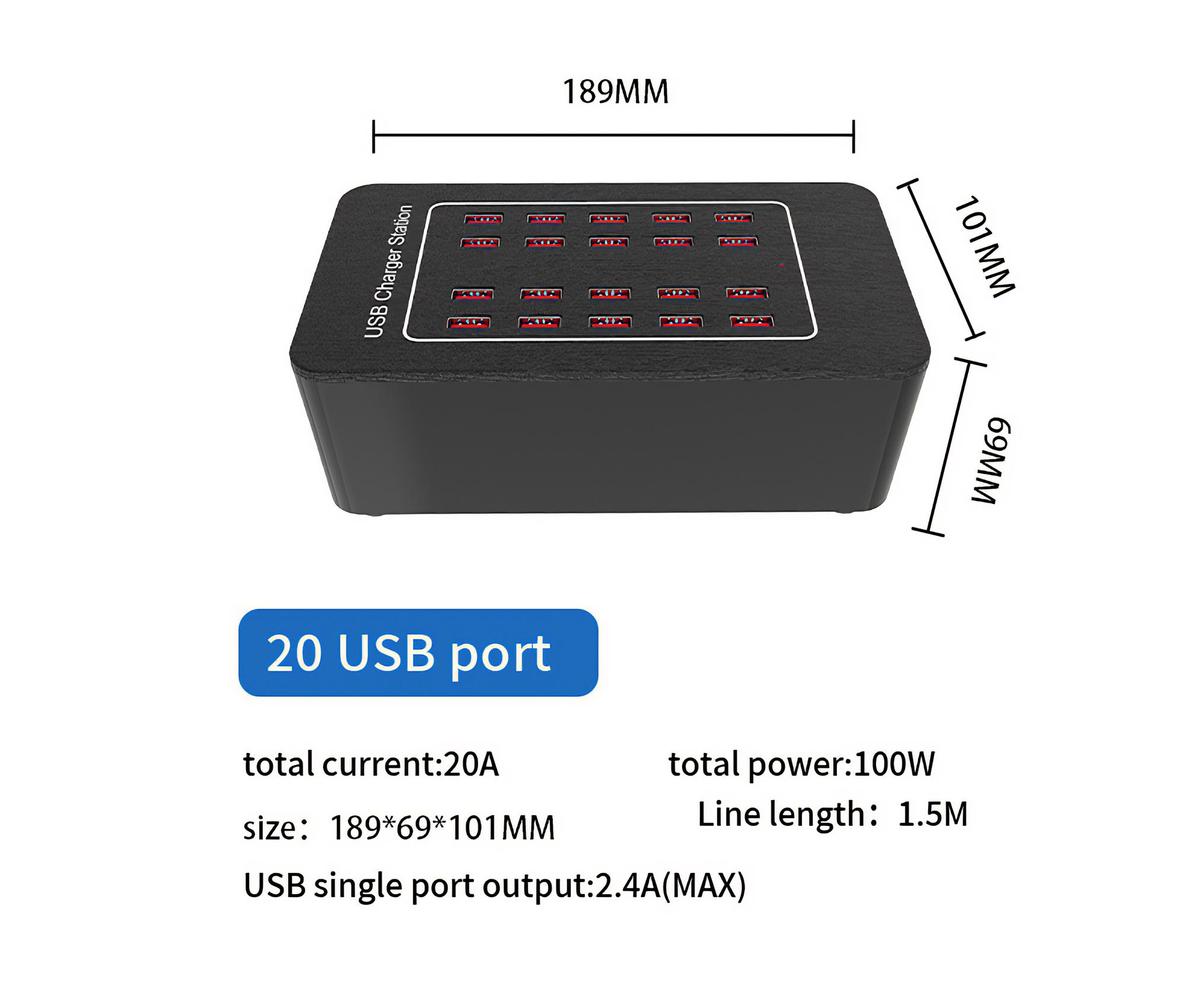 Schwarzes USB-Ladegerät mit 20 Anschlüssen. Abmessungen: 189x69x101mm. Merkmale: 20A Gesamtstrom, 100W Gesamtleistung, 1,5M Leitungslänge.