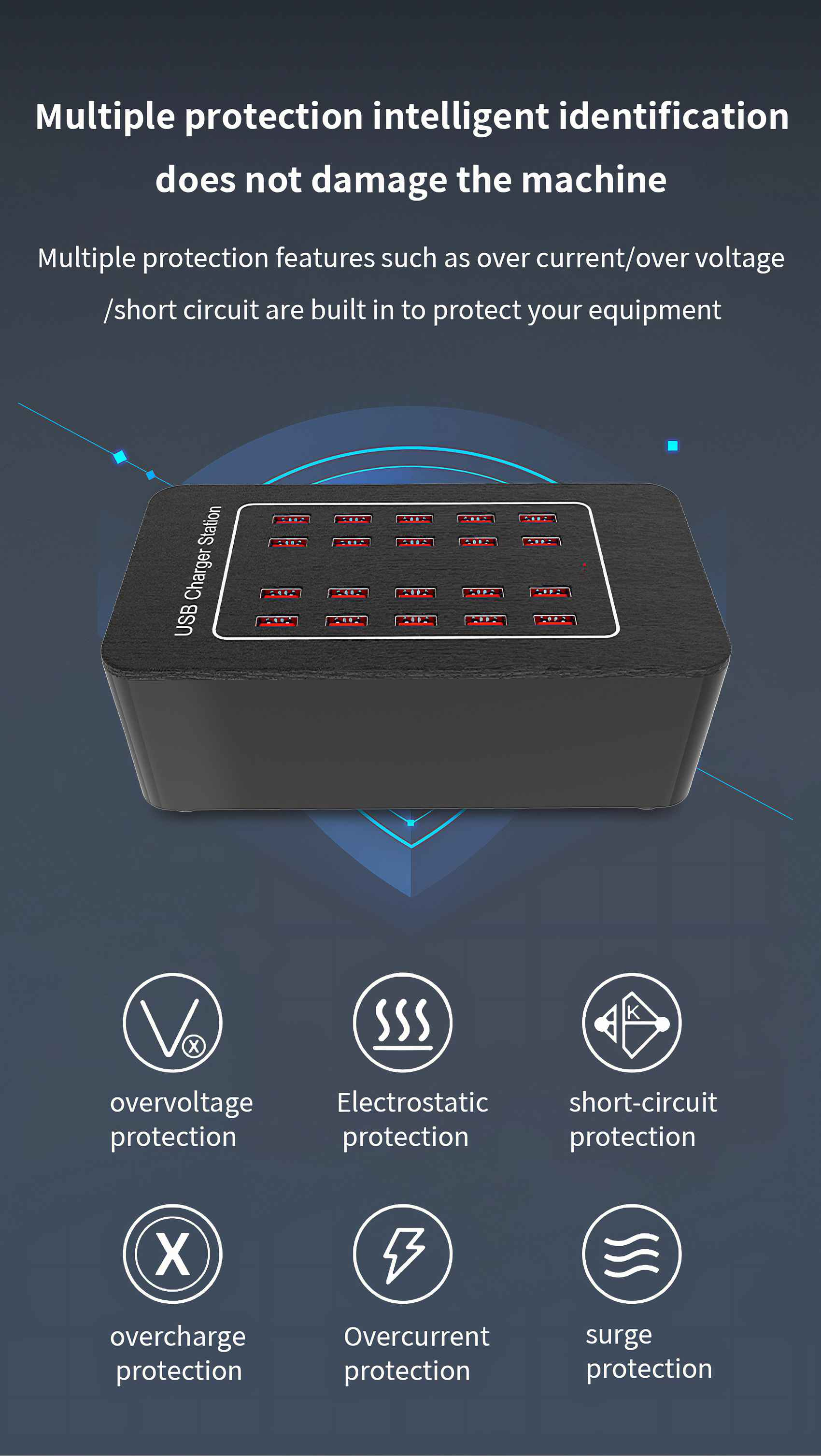 Schwarze USB-Ladestation mit mehreren Anschlüssen. Merkmale: Überspannungs-, elektrostatische, Kurzschluss-, Überladungs- und Überspannungsschutz.