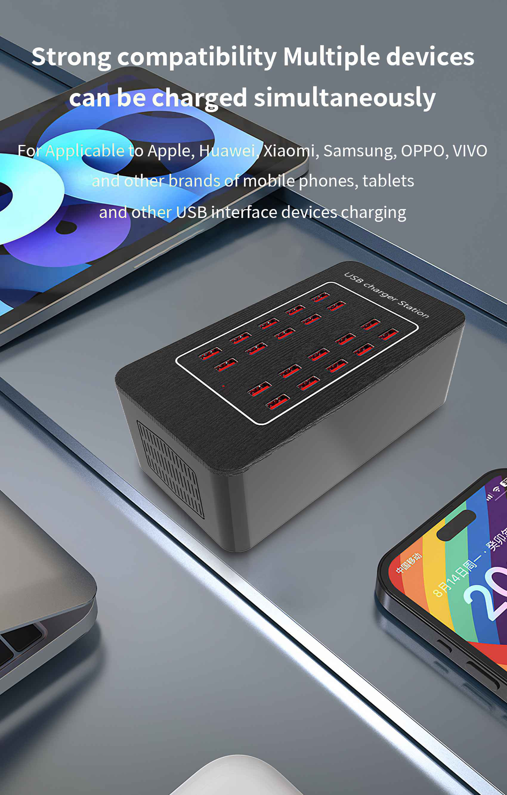 Eine USB-Ladestation mit mehreren Anschlüssen lädt Geräte, darunter ein Telefon und ein Tablet.