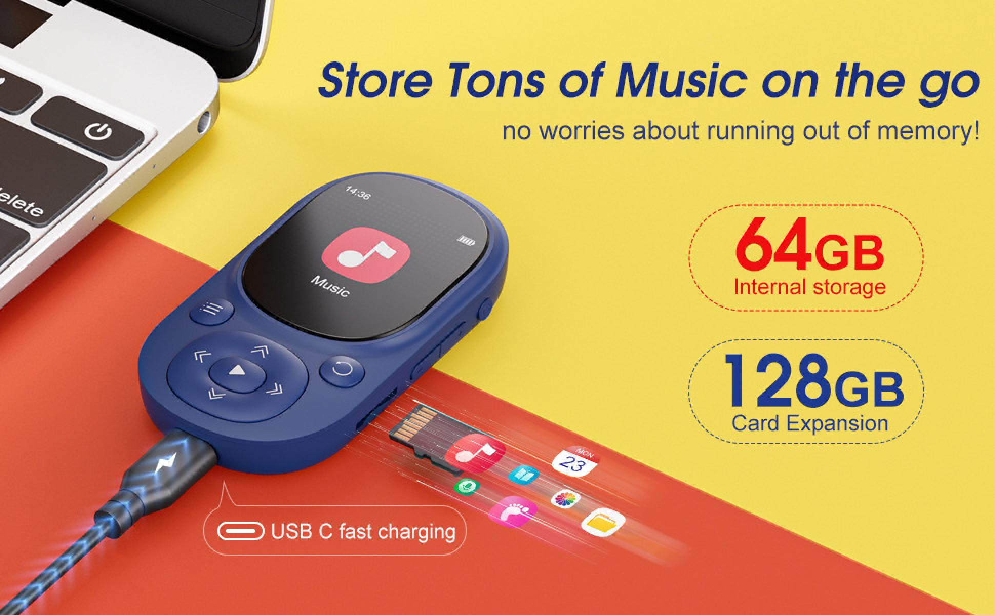 Blauer Musikplayer mit USB-C-Ladeanschluss, Bildschirm mit Musiknoten-Symbol. Text: Speichern Sie Unmengen an Musik. 64 GB intern, 128 GB Kartenerweiterung.