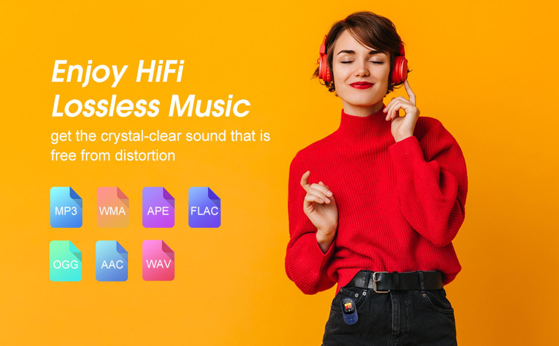 Frau mit roten Kopfhörern und Pullover. Text: Genießen Sie HiFi Lossless Music. Audio-Dateisymbole im Hintergrund.
