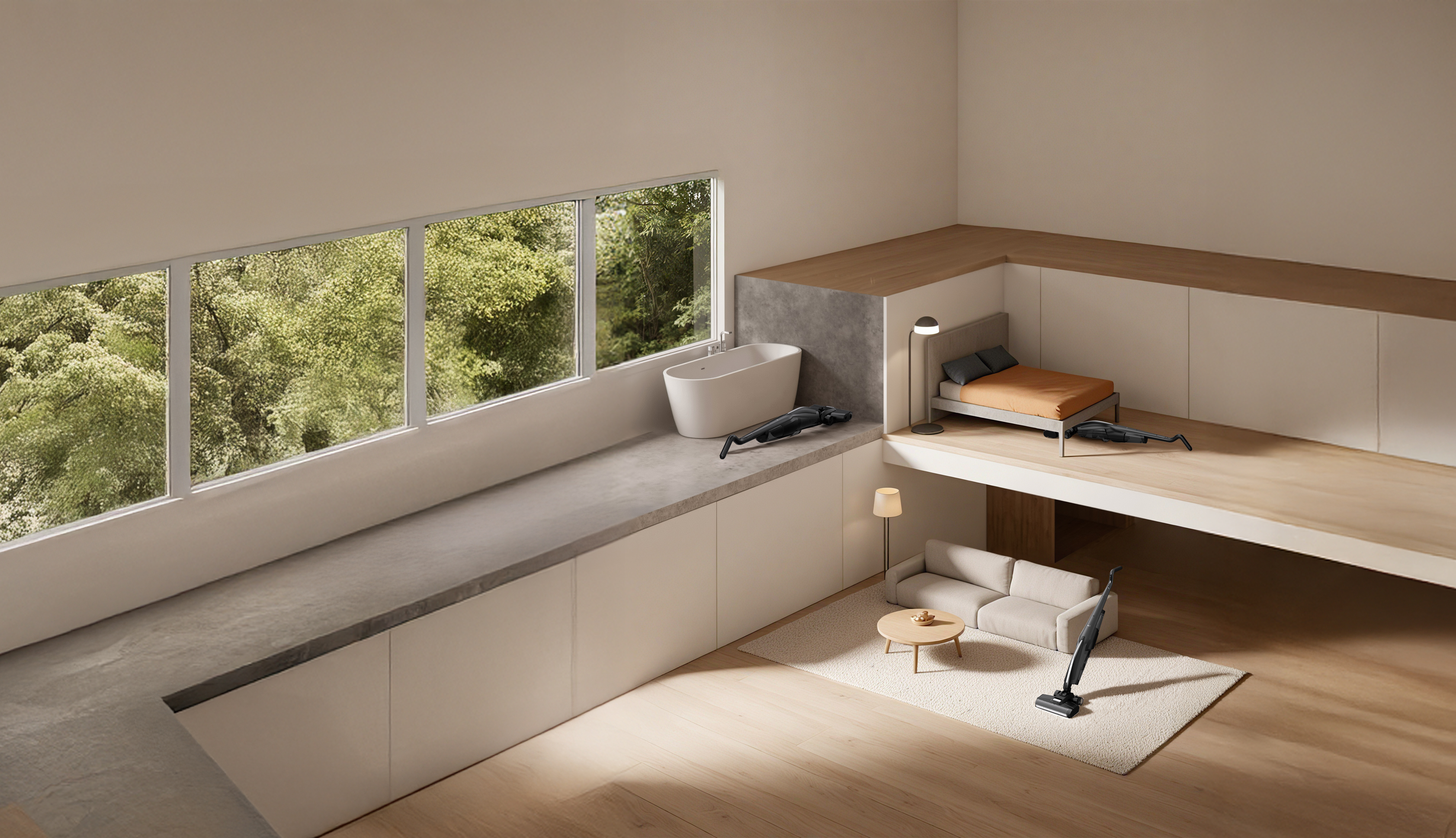 Nowoczesne wnętrze z wanną, łóżkiem i sofą. Duże okno pokazuje drzewa na zewnątrz. Odkurzacze są widoczne w scenie.