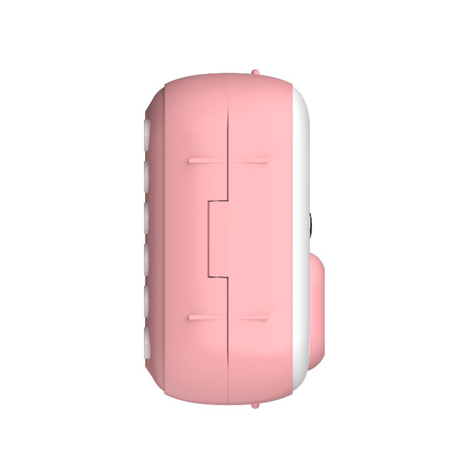 Eine rosa und weiße Kamera wird gezeigt, die Kamera ist rechteckig mit abgerundeten Ecken. Es hat Knöpfe und ein Objektiv.