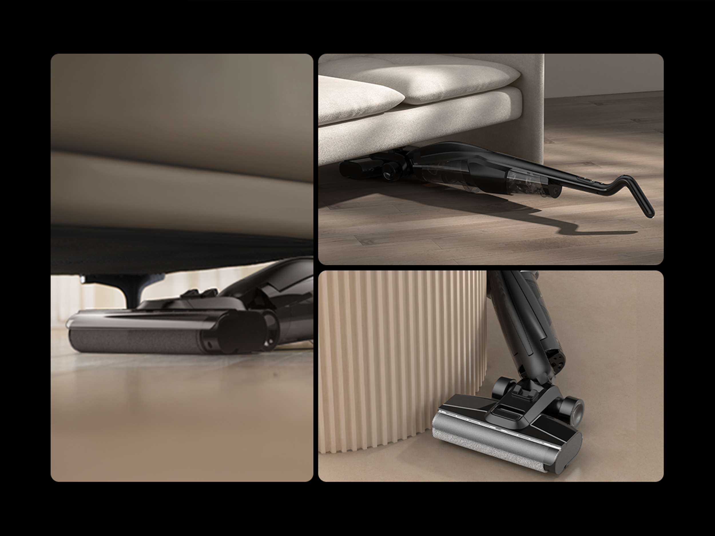 Czarny odkurzacz czyszczący pod sofą. Scena podzielona na cztery części. Podłoga jest drewniana.