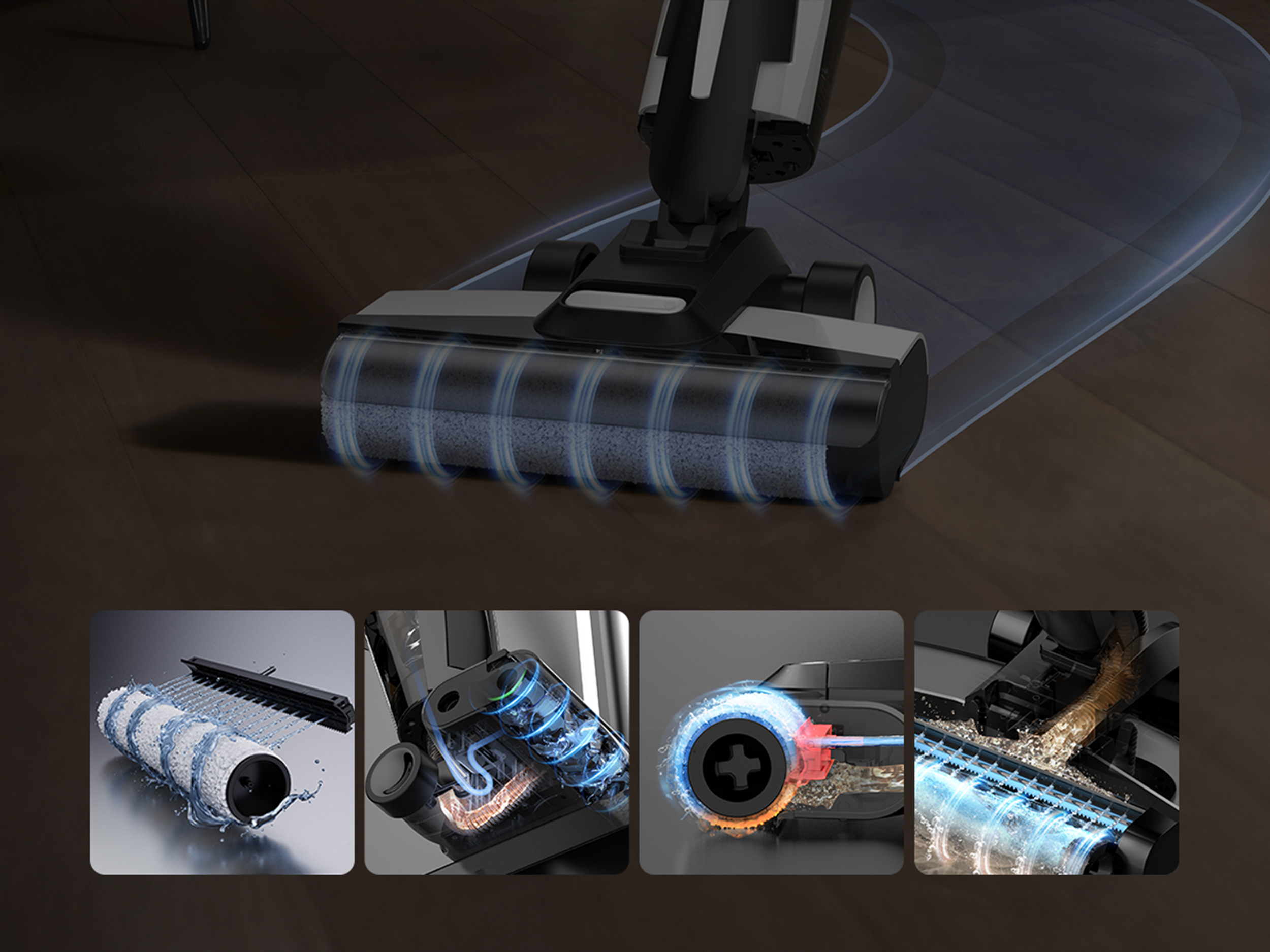 Czarno-szary odkurzacz na drewnianej podłodze. Cztery obrazy pokazują części i sposób działania.