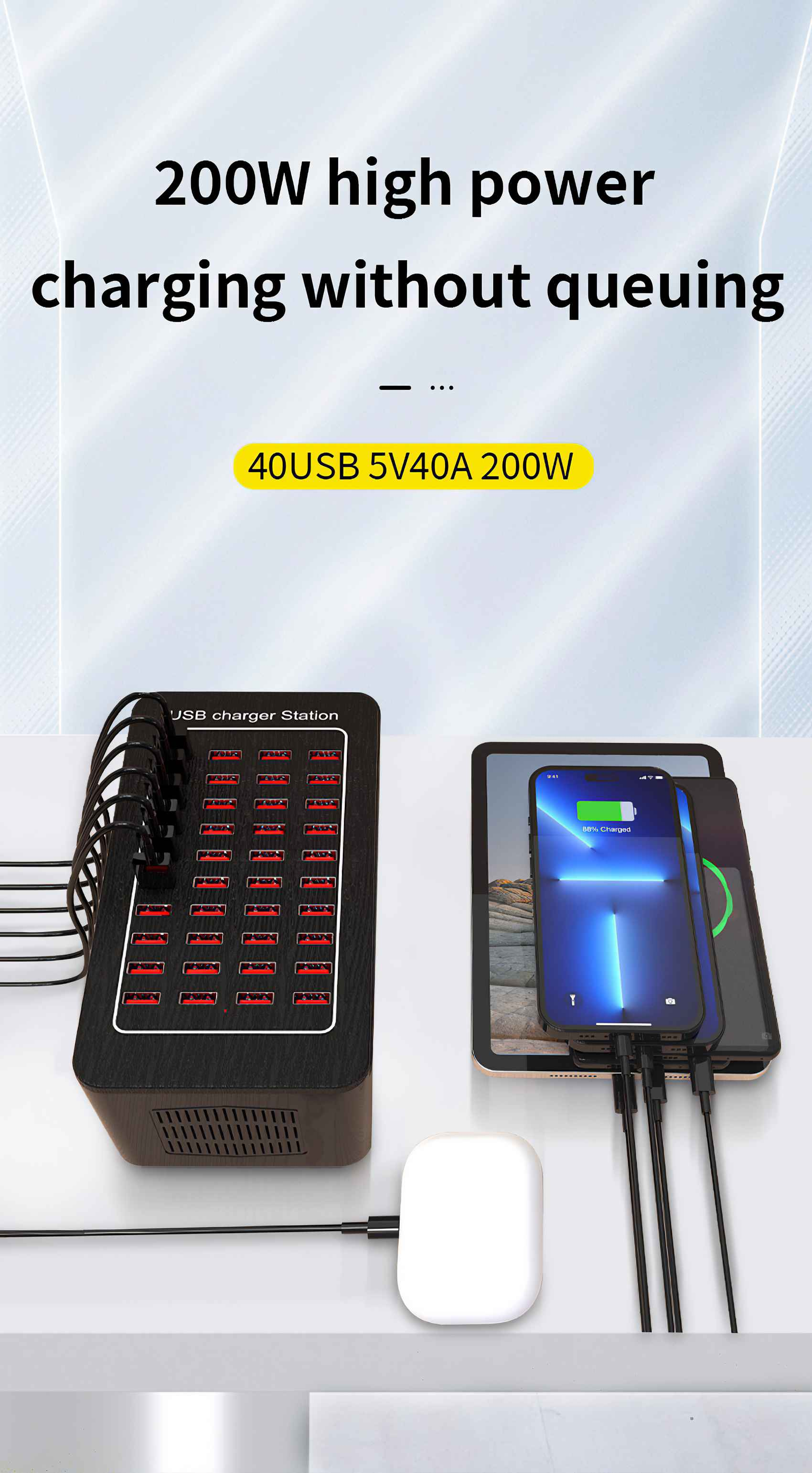 Eine Ladestation mit mehreren Anschlüssen ist abgebildet, an der Telefone und ein Tablet geladen werden. Text weist auf 200W Hochleistungsladen hin.