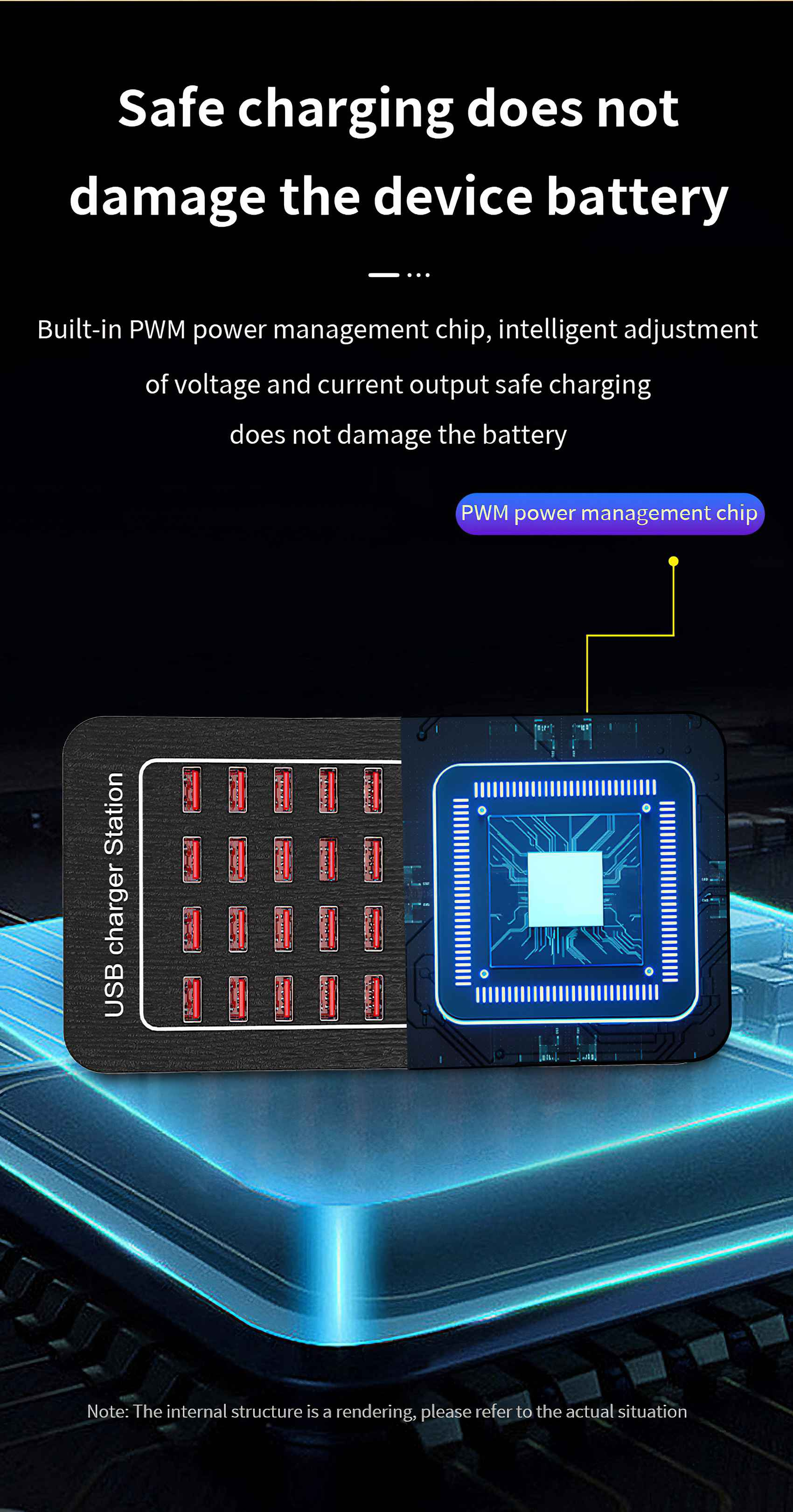 Das Bild zeigt eine Ladestation mit USB-Anschlüssen, einem Chip und Text über sicheres Laden.