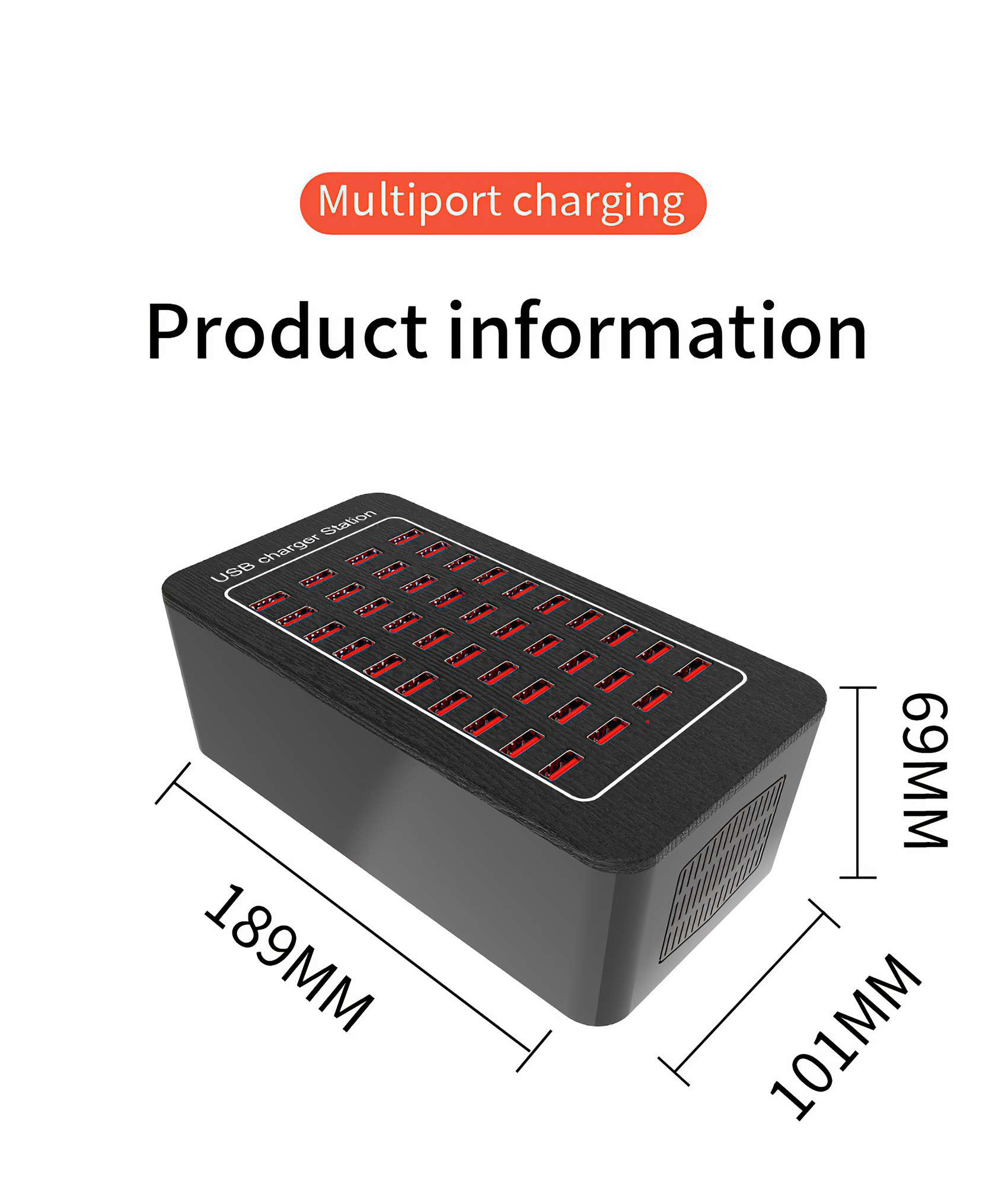 Eine schwarze USB-Ladestation mit mehreren Anschlüssen. Abmessungen werden angezeigt. Text: Multiport-Aufladung, Produktinformationen.