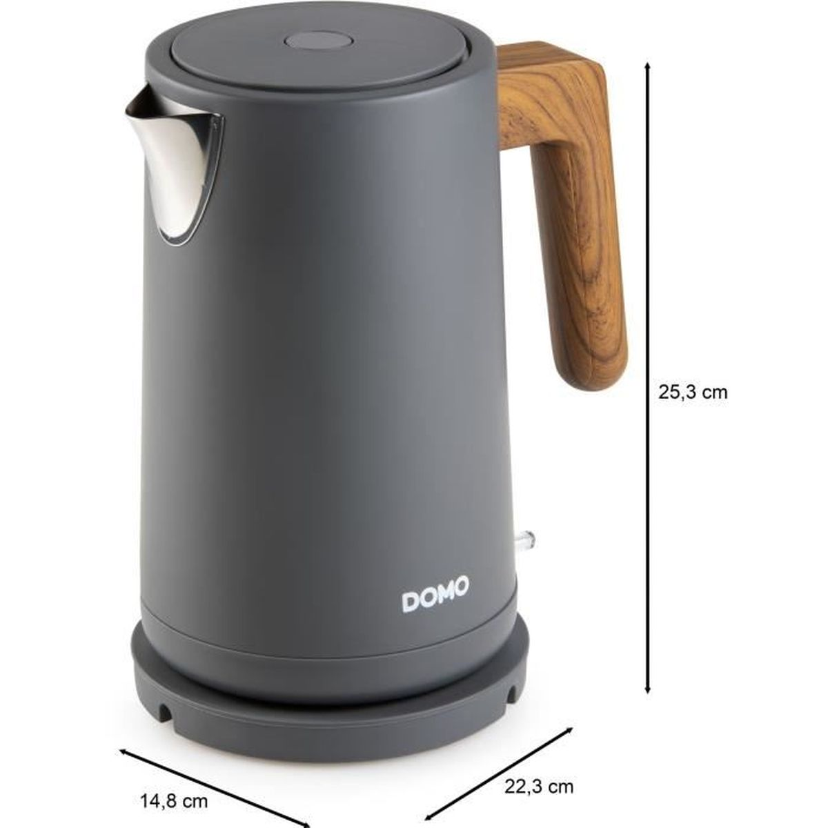 Ein grauer Wasserkocher mit Holzgriff, Edelstahlausguss und dunklem Sockel. Abmessungen werden angezeigt.