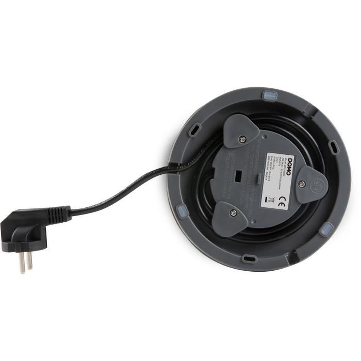 Ansicht von unten eines grauen Wasserkochers mit schwarzem Netzkabel und Stecker. Der Markenname DOMO ist sichtbar.