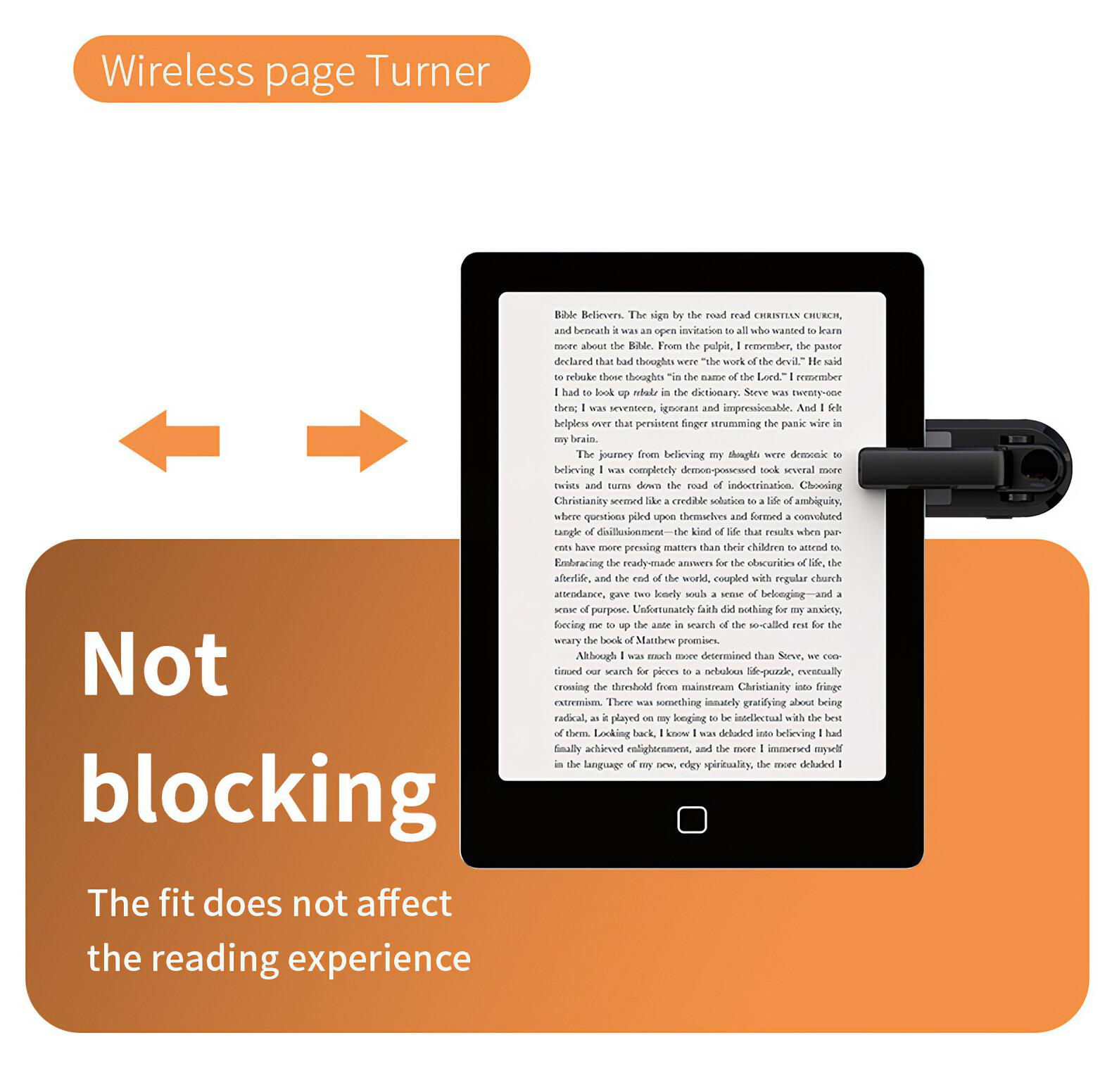 Ein Tablet mit einem Seitenwendegerät. Text lautet: 'Wireless page Turner' und 'Not blocking'.