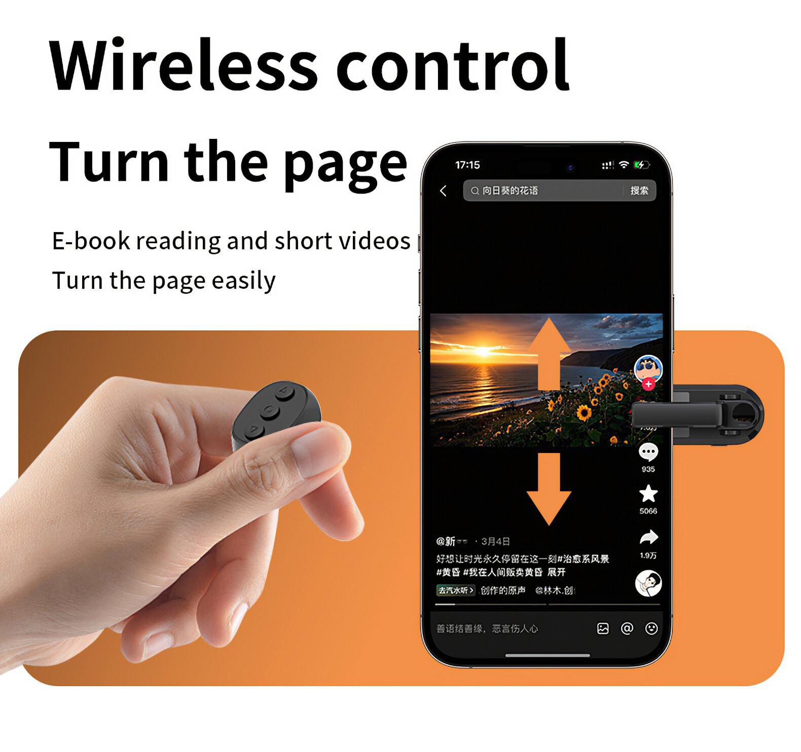 Hand hält Fernbedienung. Telefon zeigt Sonnenuntergangsvideo. Text: Wireless control, Turn the page, E-Book-Lesen und Kurzvideos.