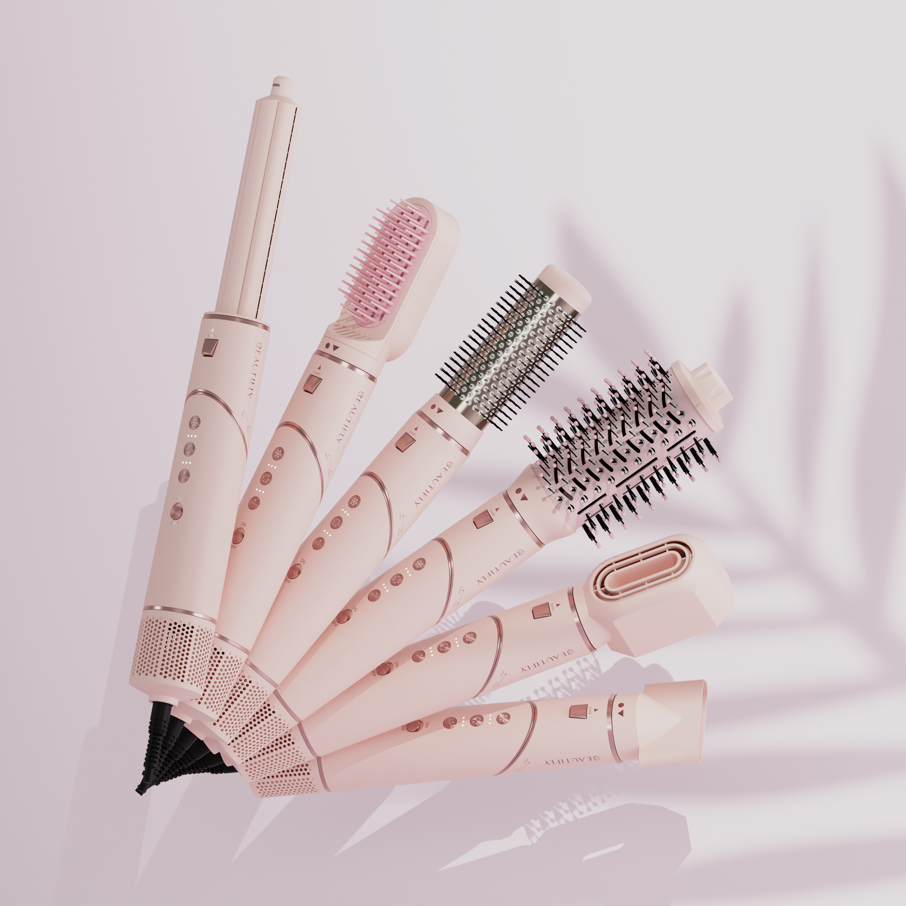 Eine Auswahl an pinkfarbenen Haarstyling-Tools. Die Werkzeuge umfassen einen Lockenstab, Bürsten und einen Trockner, alle auf hellrosa Oberfläche.