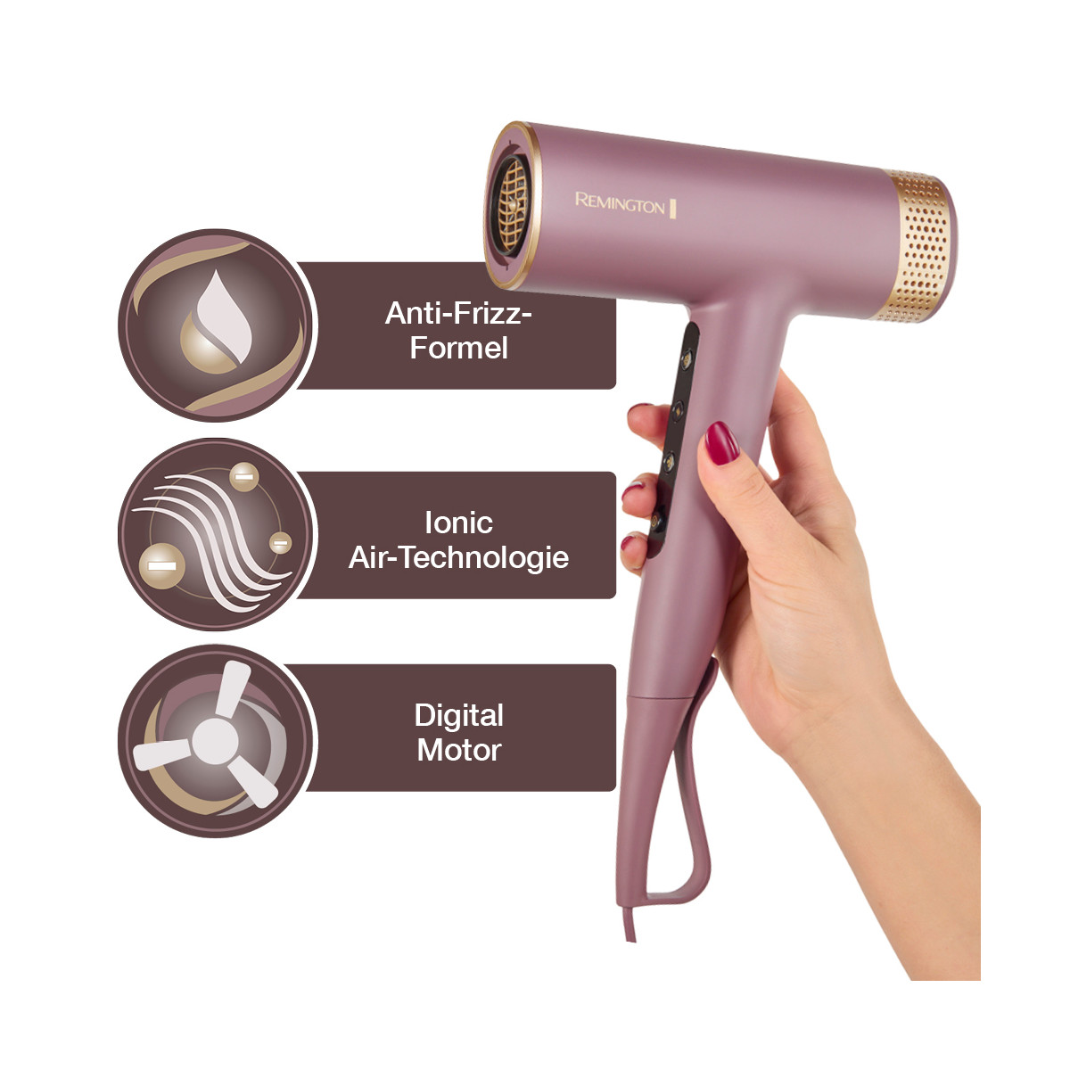 La mano di una donna tiene un asciugacapelli Remington malva. Le icone evidenziano la formula anti-crespo, la tecnologia dell'aria ionica e il motore digitale.