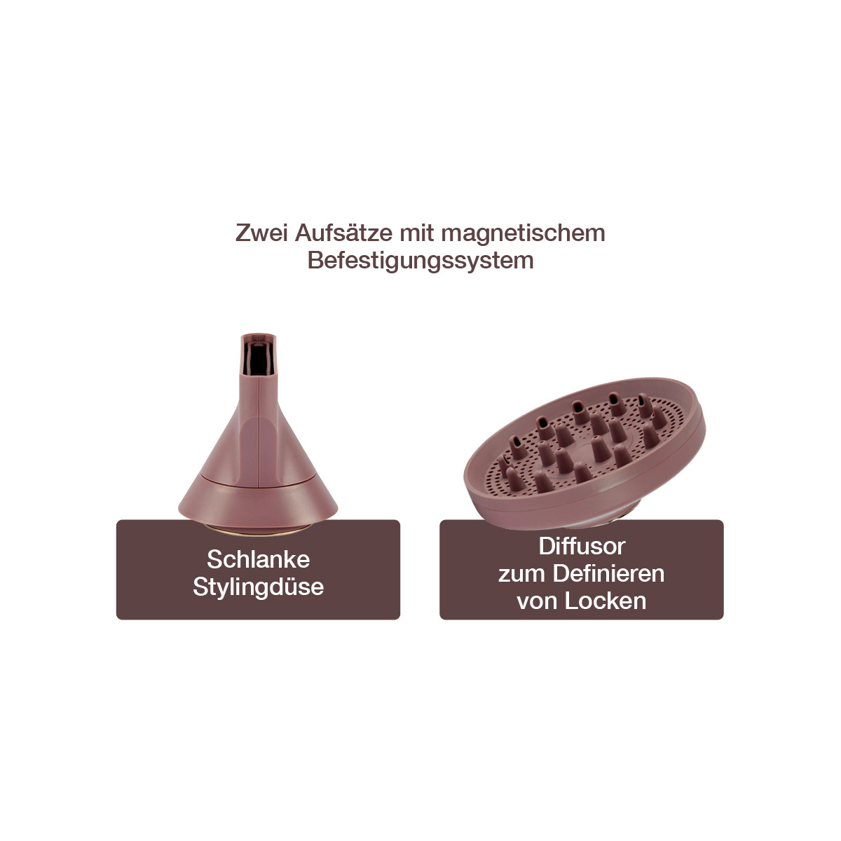 L'immagine mostra due accessori per asciugacapelli: un ugello sottile per lo styling e un diffusore per definire i ricci.