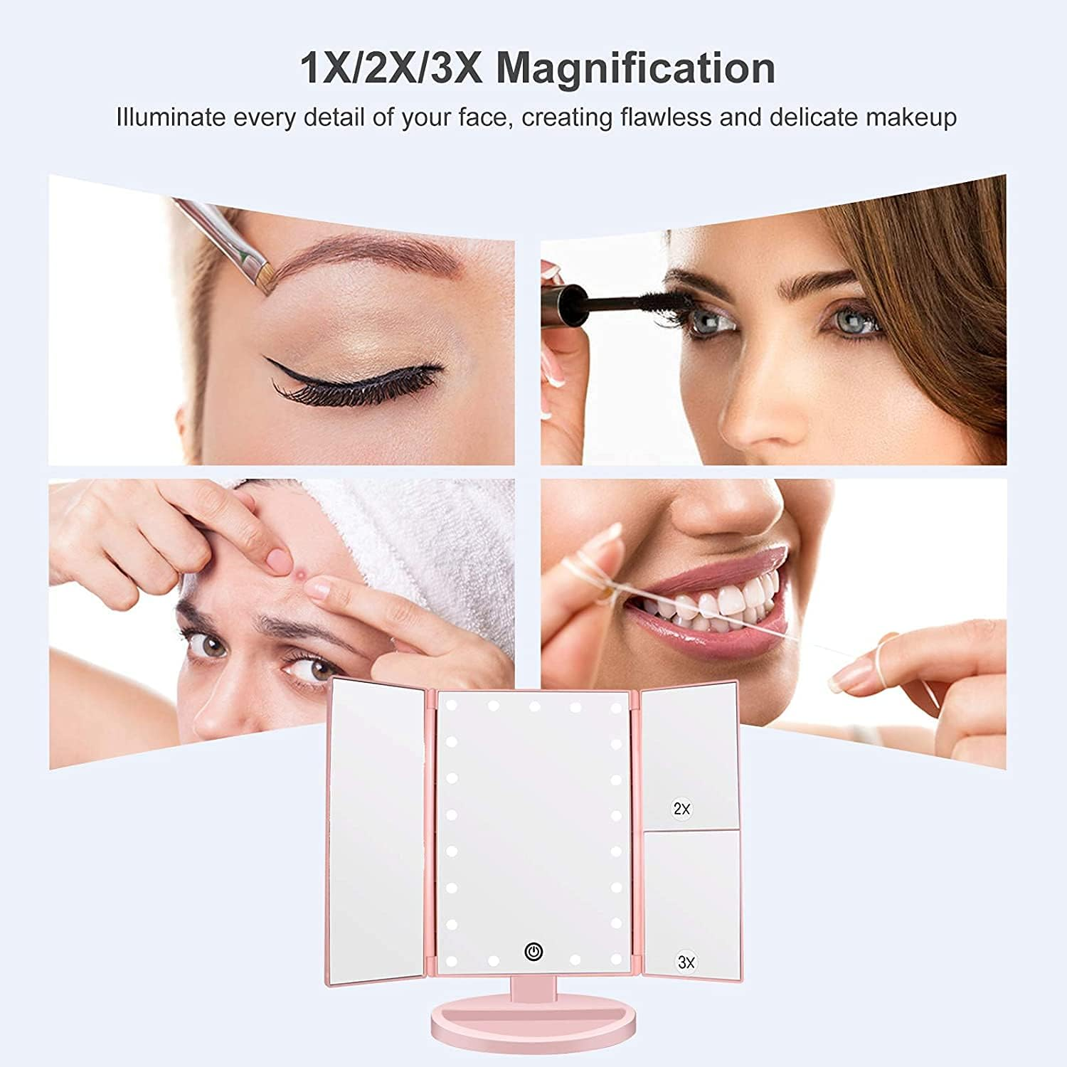 Ein Schminkspiegel mit 3 Paneelen. Bilder zeigen das Auftragen von Eyeliner, Mascara, Pickelentfernung und Zahnseide, was detailliertes Make-up fördert.