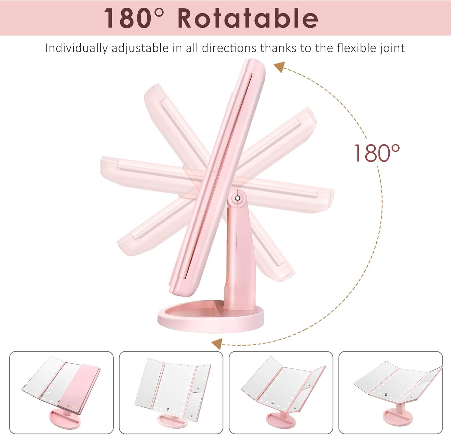 Ein rosa, drehbarer Spiegel mit einem 180°-Bereich. Er zeigt verschiedene Faltpositionen und hat kleine Lichter und 3-fache Vergrößerung.