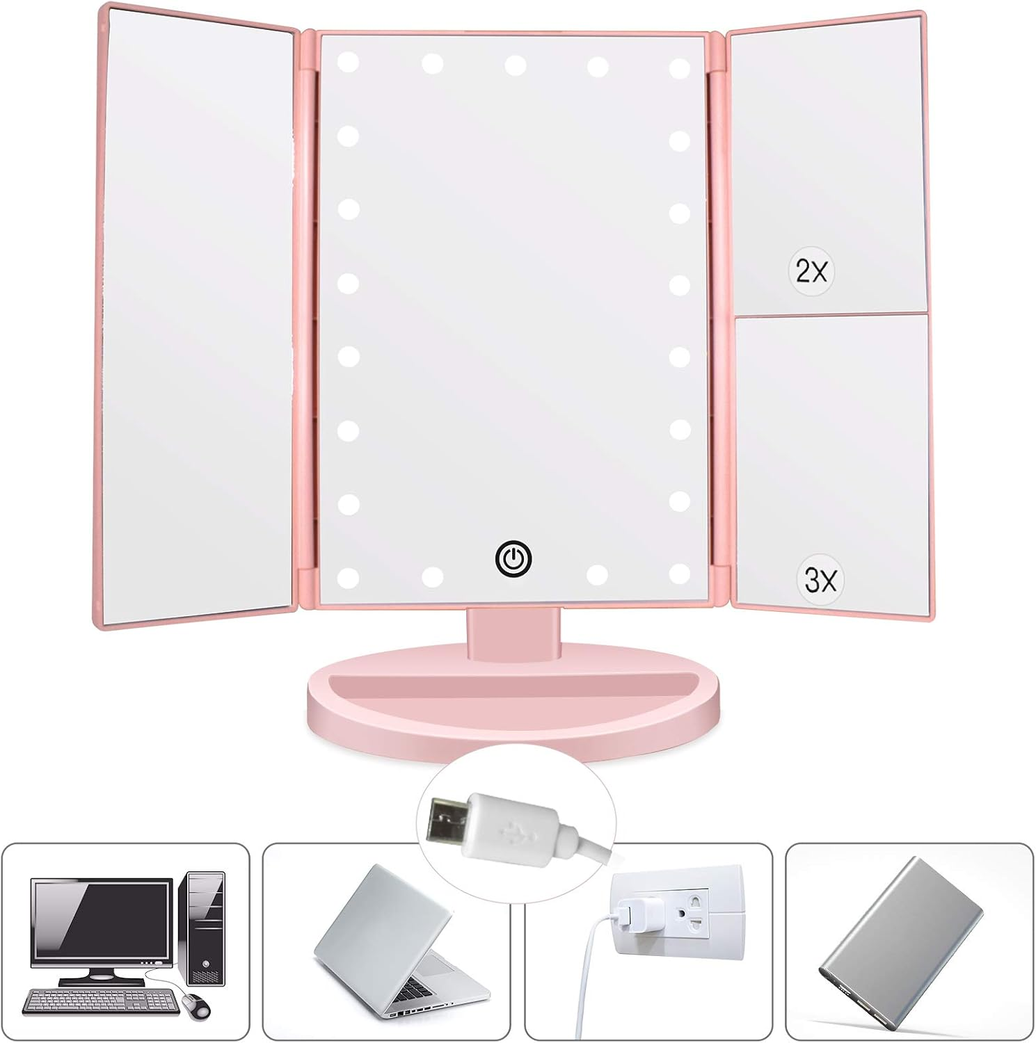 Rosa Klappspiegel mit LED-Leuchten, 2x und 3x Vergrößerung, USB-Kabel, Laptop, Netzteil und Computer.